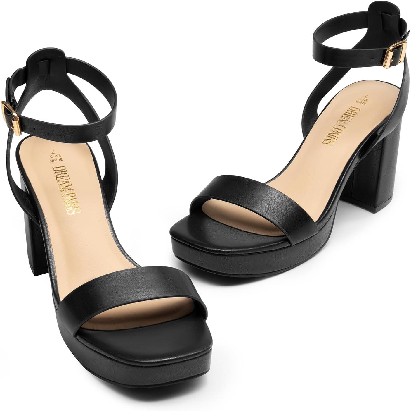 imageDREAM PAIRS Platform Heels for Women High Block Chunky Open Toe Ankle Strap Heels Fashion Wedding Party Evening Prom Dance Dress Pump Sandals ShoesBlackpu