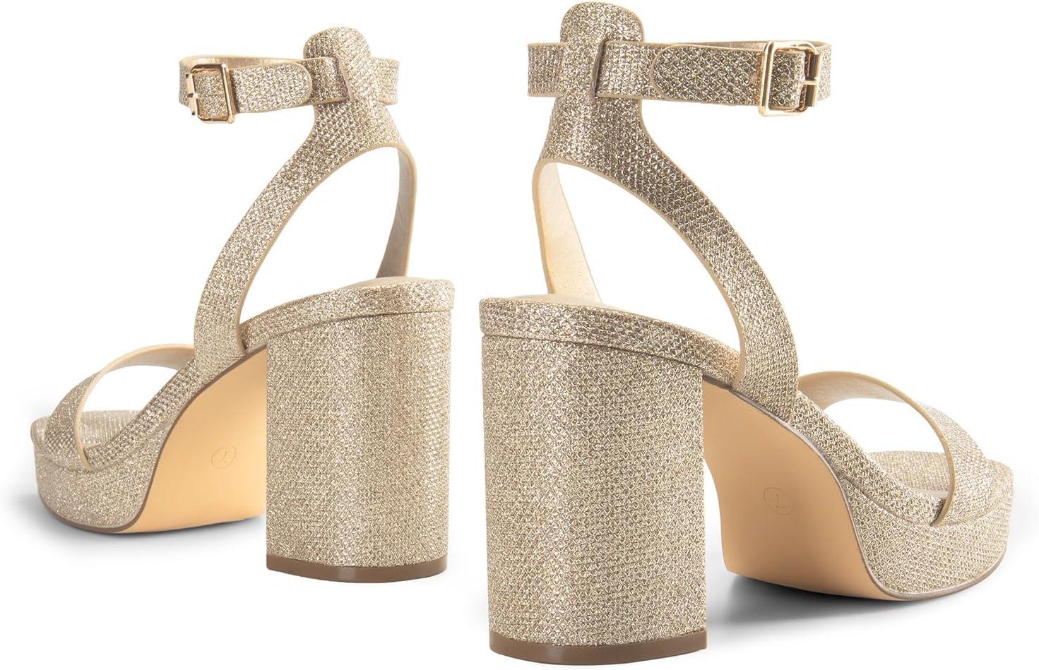 imageDREAM PAIRS Platform Heels for Women High Block Chunky Open Toe Ankle Strap Heels Fashion Wedding Party Evening Prom Dance Dress Pump Sandals ShoesGoldglitter