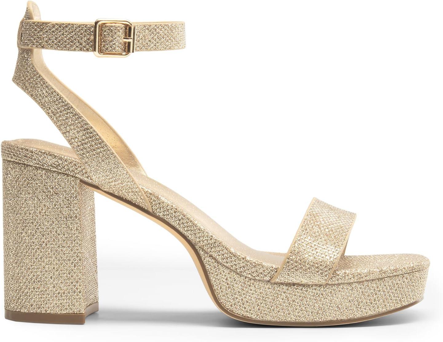 imageDREAM PAIRS Platform Heels for Women High Block Chunky Open Toe Ankle Strap Heels Fashion Wedding Party Evening Prom Dance Dress Pump Sandals ShoesGoldglitter