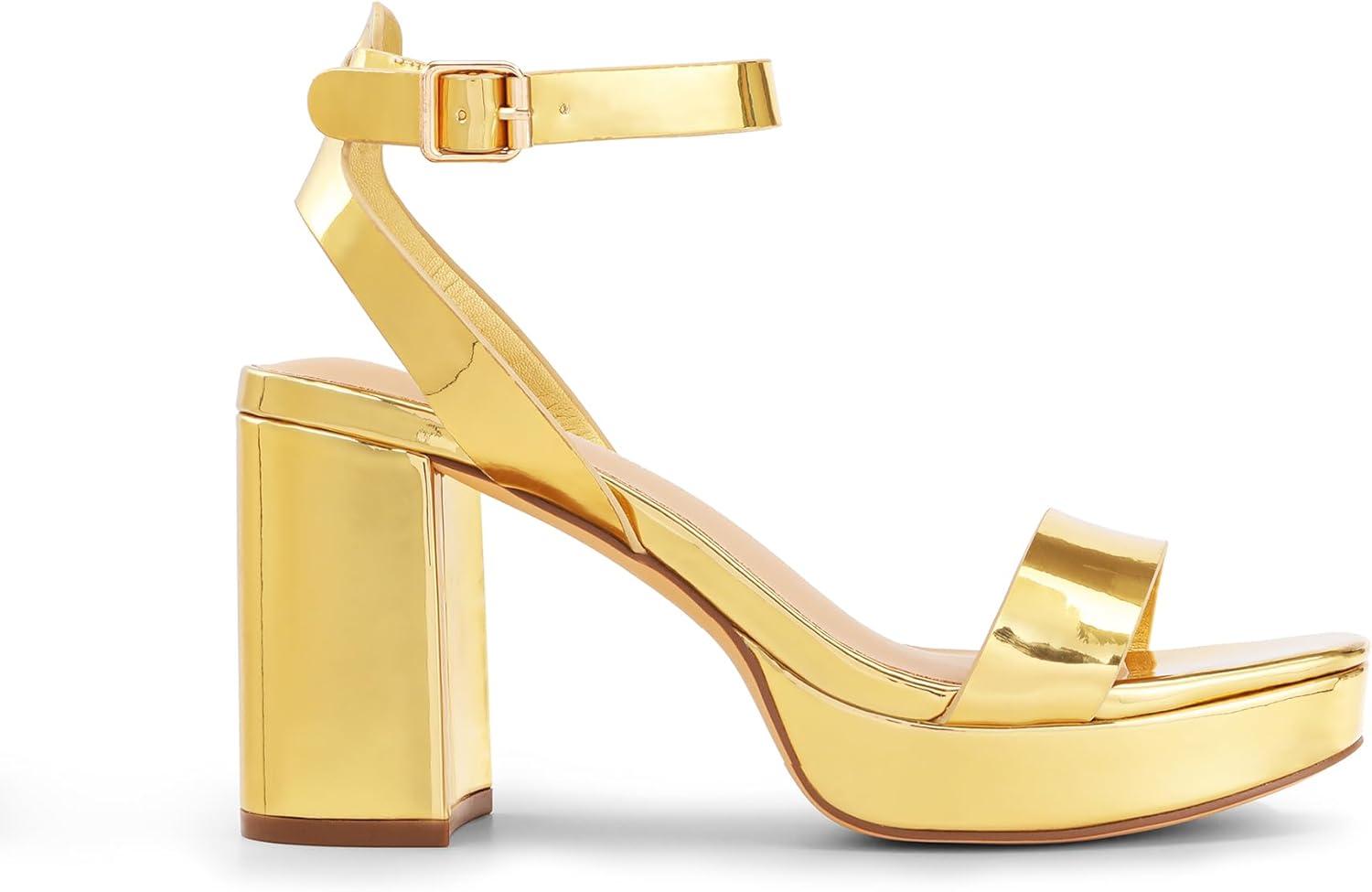 imageDREAM PAIRS Platform Heels for Women High Block Chunky Open Toe Ankle Strap Heels Fashion Wedding Party Evening Prom Dance Dress Pump Sandals ShoesGoldpat