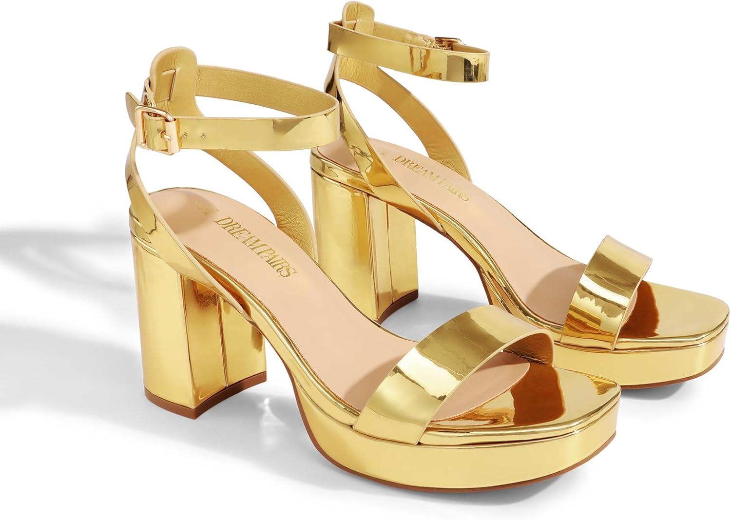 imageDREAM PAIRS Platform Heels for Women High Block Chunky Open Toe Ankle Strap Heels Fashion Wedding Party Evening Prom Dance Dress Pump Sandals ShoesGoldpat