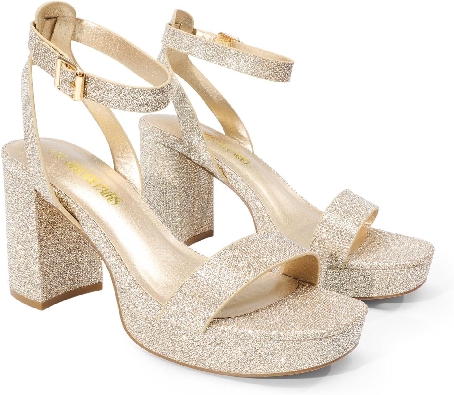 imageDREAM PAIRS Platform Heels for Women High Block Chunky Open Toe Ankle Strap Heels Fashion Wedding Party Evening Prom Dance Dress Pump Sandals ShoesGoldglitter