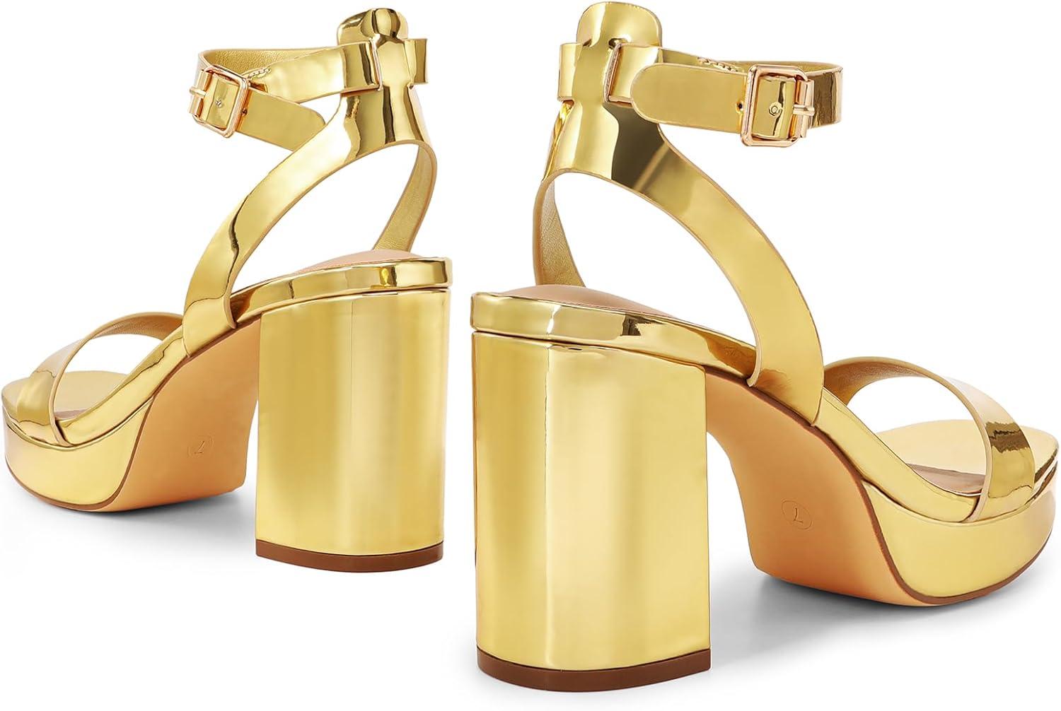 imageDREAM PAIRS Platform Heels for Women High Block Chunky Open Toe Ankle Strap Heels Fashion Wedding Party Evening Prom Dance Dress Pump Sandals ShoesGoldpat