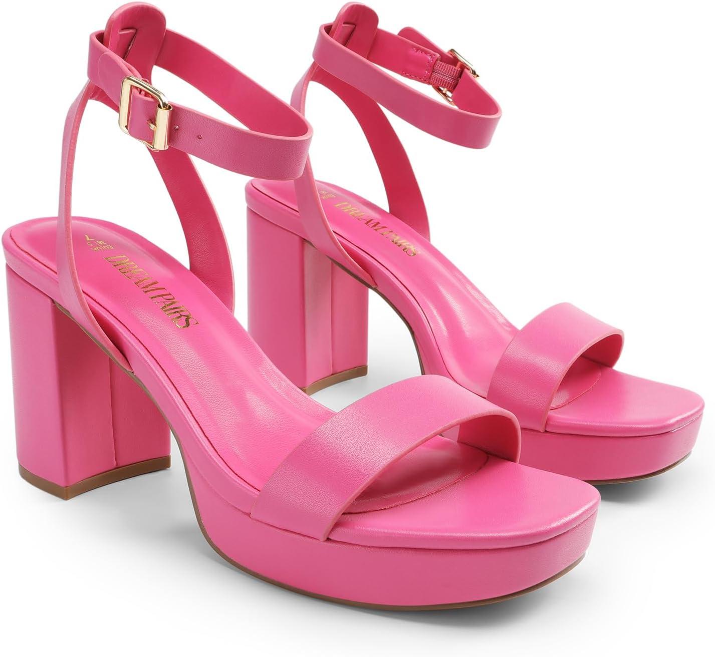 imageDREAM PAIRS Platform Heels for Women High Block Chunky Open Toe Ankle Strap Heels Fashion Wedding Party Evening Prom Dance Dress Pump Sandals ShoesHot Pinkpu