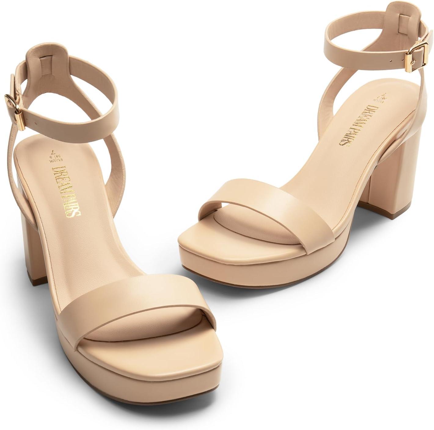 imageDREAM PAIRS Platform Heels for Women High Block Chunky Open Toe Ankle Strap Heels Fashion Wedding Party Evening Prom Dance Dress Pump Sandals ShoesNudepu