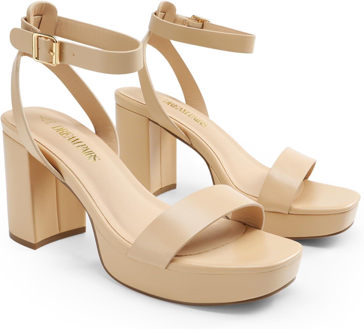 imageDREAM PAIRS Platform Heels for Women High Block Chunky Open Toe Ankle Strap Heels Fashion Wedding Party Evening Prom Dance Dress Pump Sandals ShoesNudepu