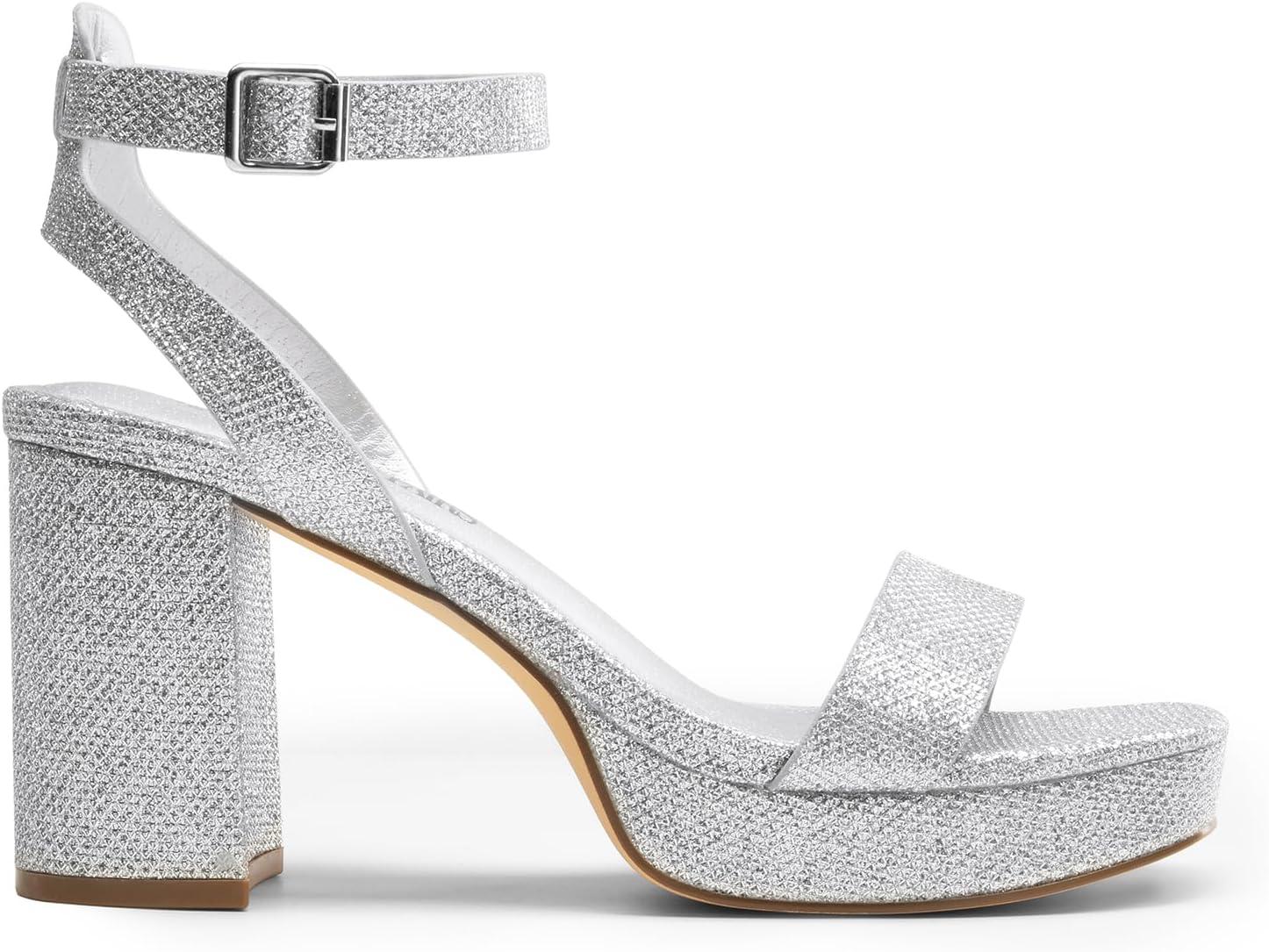 imageDREAM PAIRS Platform Heels for Women High Block Chunky Open Toe Ankle Strap Heels Fashion Wedding Party Evening Prom Dance Dress Pump Sandals ShoesSilverglitter