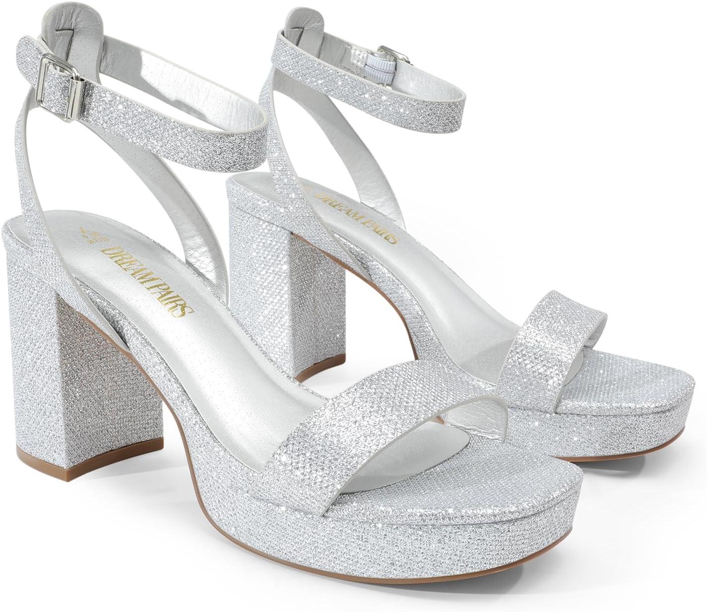 imageDREAM PAIRS Platform Heels for Women High Block Chunky Open Toe Ankle Strap Heels Fashion Wedding Party Evening Prom Dance Dress Pump Sandals ShoesSilverglitter