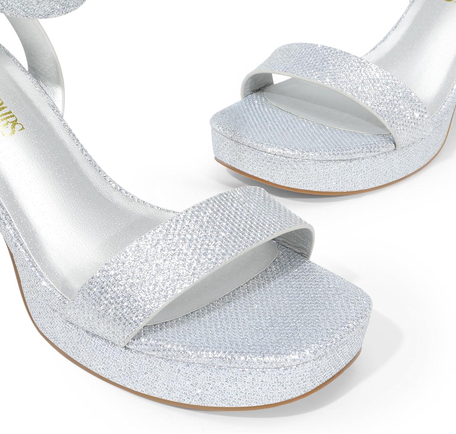 imageDREAM PAIRS Platform Heels for Women High Block Chunky Open Toe Ankle Strap Heels Fashion Wedding Party Evening Prom Dance Dress Pump Sandals ShoesSilverglitter