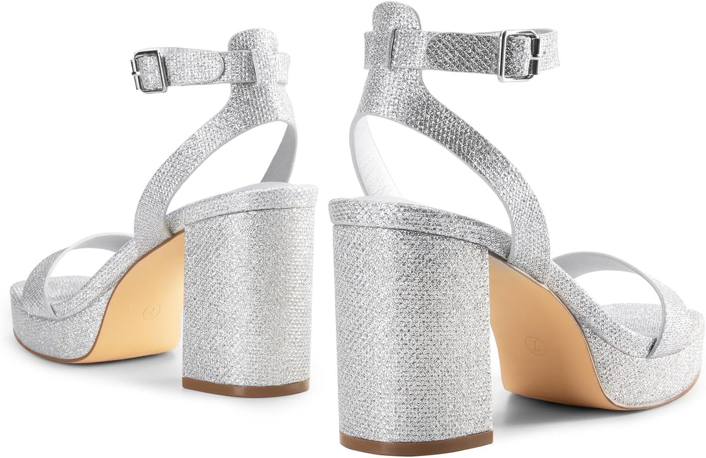 imageDREAM PAIRS Platform Heels for Women High Block Chunky Open Toe Ankle Strap Heels Fashion Wedding Party Evening Prom Dance Dress Pump Sandals ShoesSilverglitter