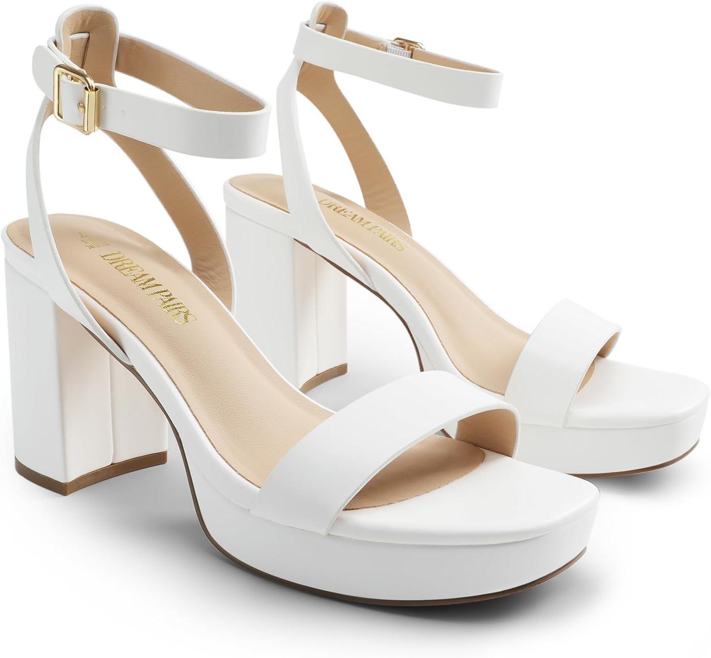 imageDREAM PAIRS Platform Heels for Women High Block Chunky Open Toe Ankle Strap Heels Fashion Wedding Party Evening Prom Dance Dress Pump Sandals ShoesWhitepu