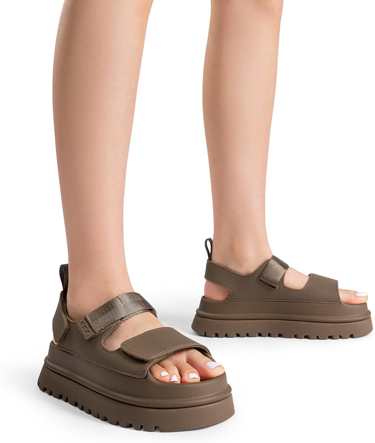 imageDREAM PAIRS Platform Sandals for Women Chunky Open Toe Dress Walking Comfortable Flat Sandals for SummerBrown