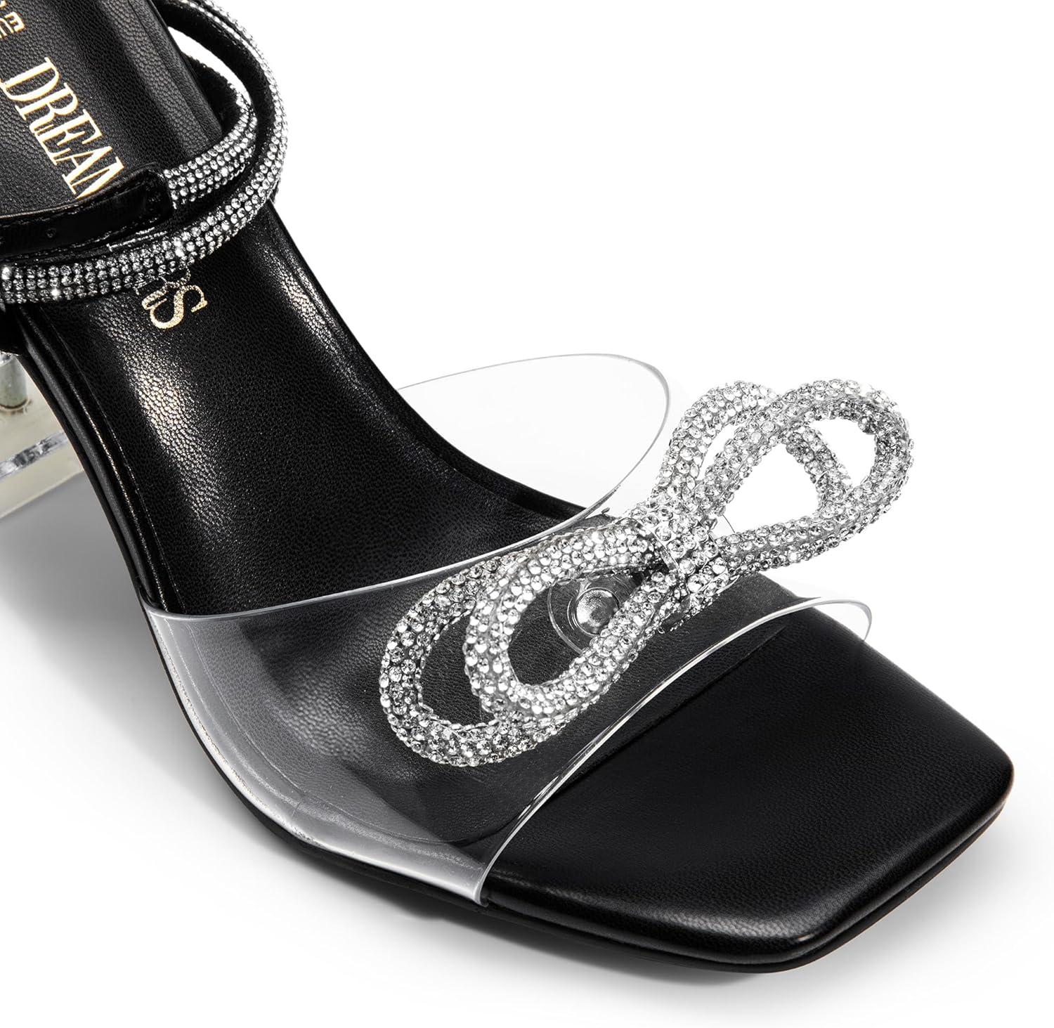imageDREAM PAIRS Stiletto Bow Heels for Women Strappy Sparkly Rhinestone Square Toe Clear Crystal High Sandals for Party WeddingBlackpu