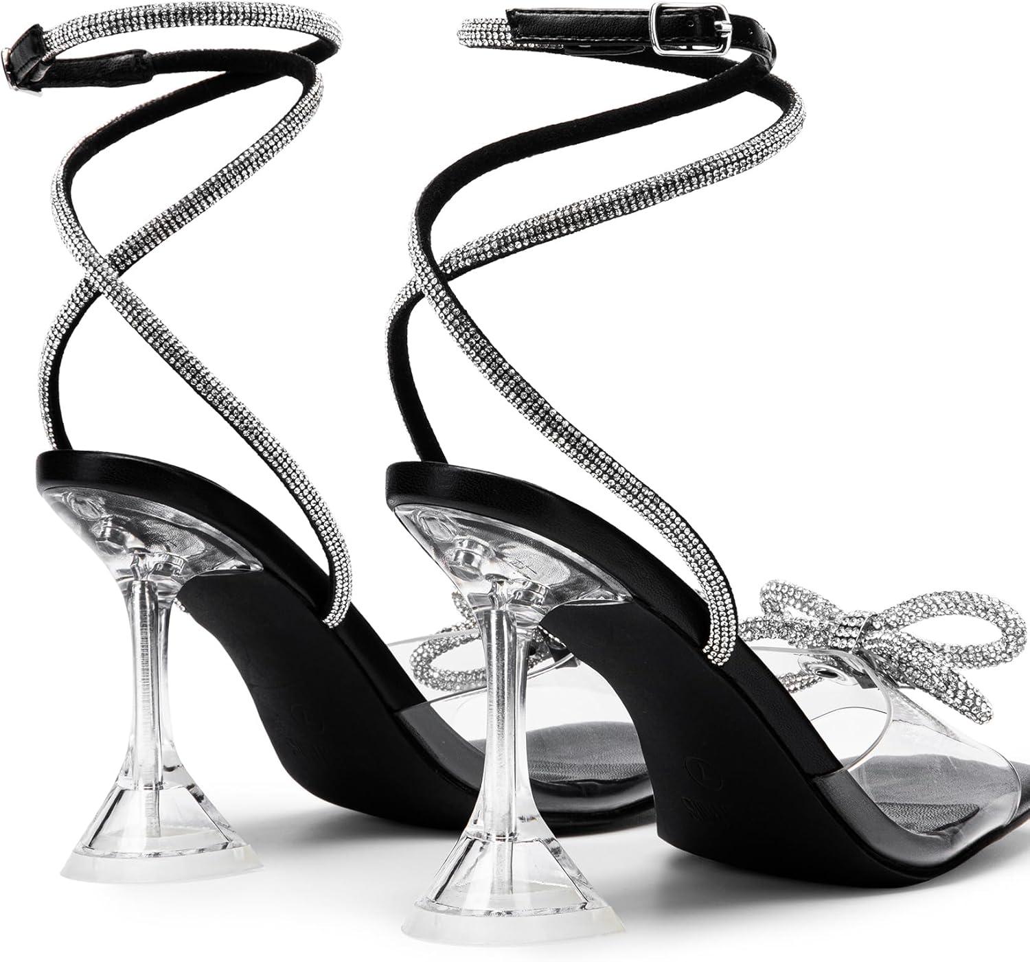 imageDREAM PAIRS Stiletto Bow Heels for Women Strappy Sparkly Rhinestone Square Toe Clear Crystal High Sandals for Party WeddingBlackpu