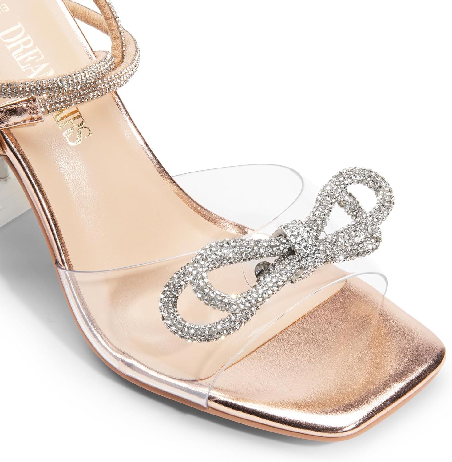 imageDREAM PAIRS Stiletto Bow Heels for Women Strappy Sparkly Rhinestone Square Toe Clear Crystal High Sandals for Party WeddingRose Goldpu