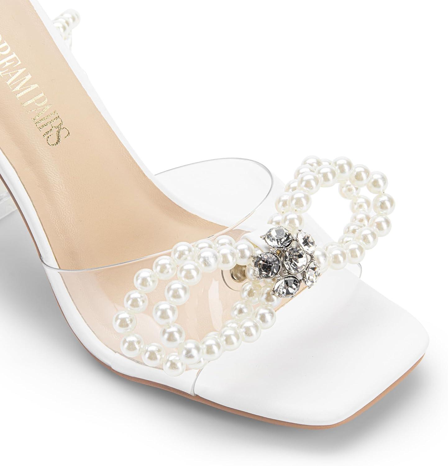 imageDREAM PAIRS Stiletto Bow Heels for Women Strappy Sparkly Rhinestone Square Toe Clear Crystal High Sandals for Party WeddingWhitepearl