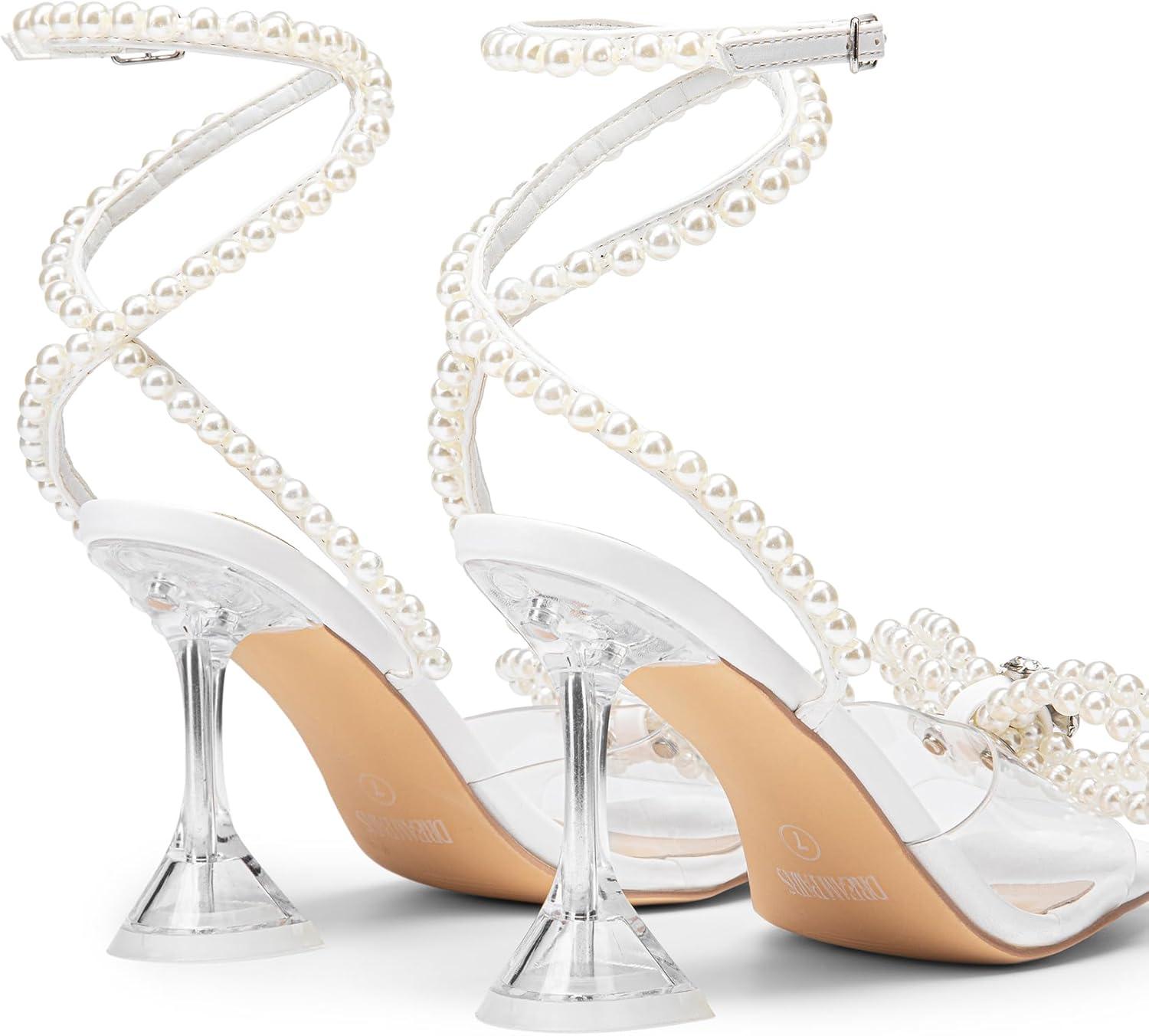 imageDREAM PAIRS Stiletto Bow Heels for Women Strappy Sparkly Rhinestone Square Toe Clear Crystal High Sandals for Party WeddingWhitepearl
