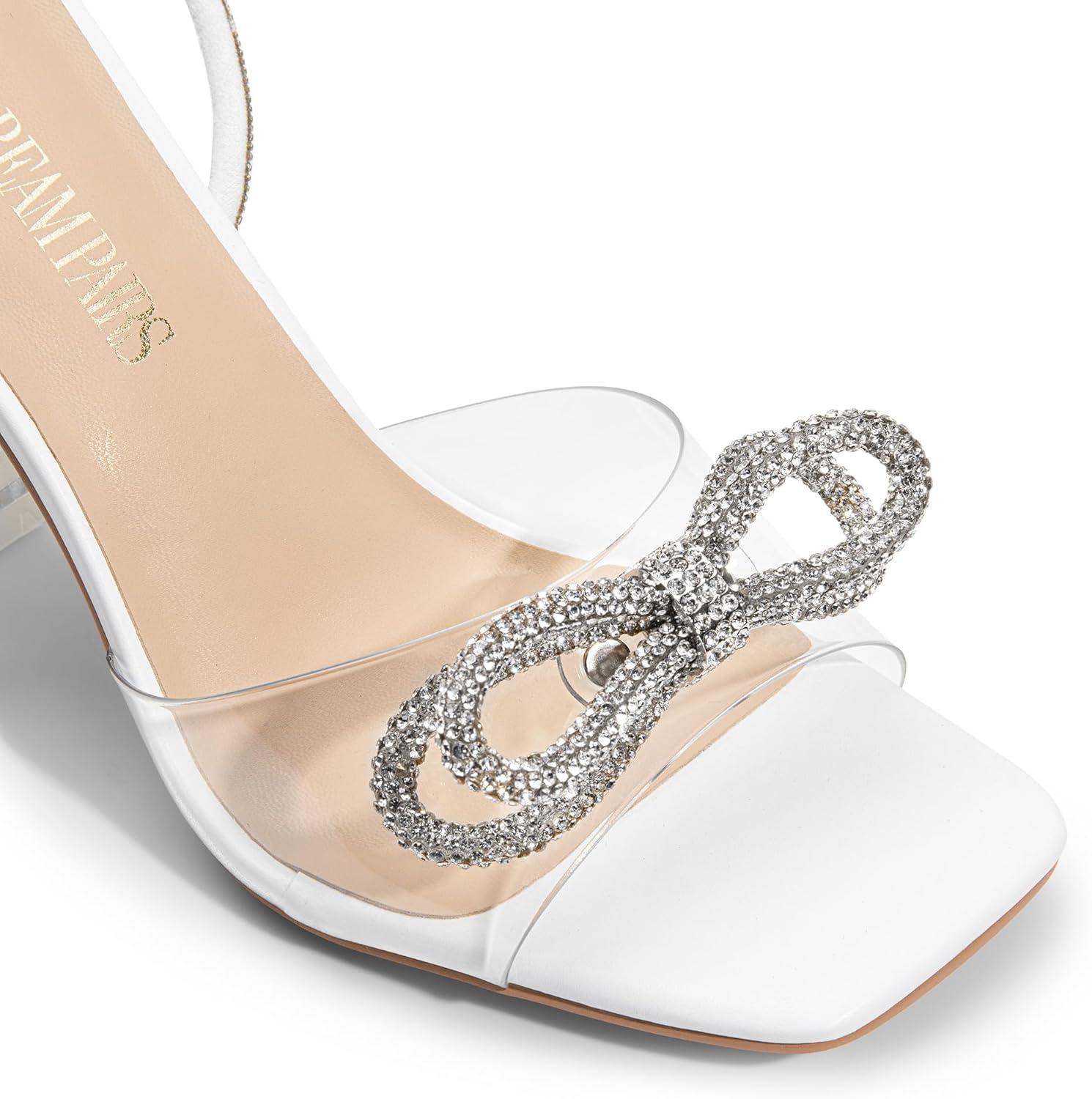 imageDREAM PAIRS Stiletto Bow Heels for Women Strappy Sparkly Rhinestone Square Toe Clear Crystal High Sandals for Party WeddingWhitepu