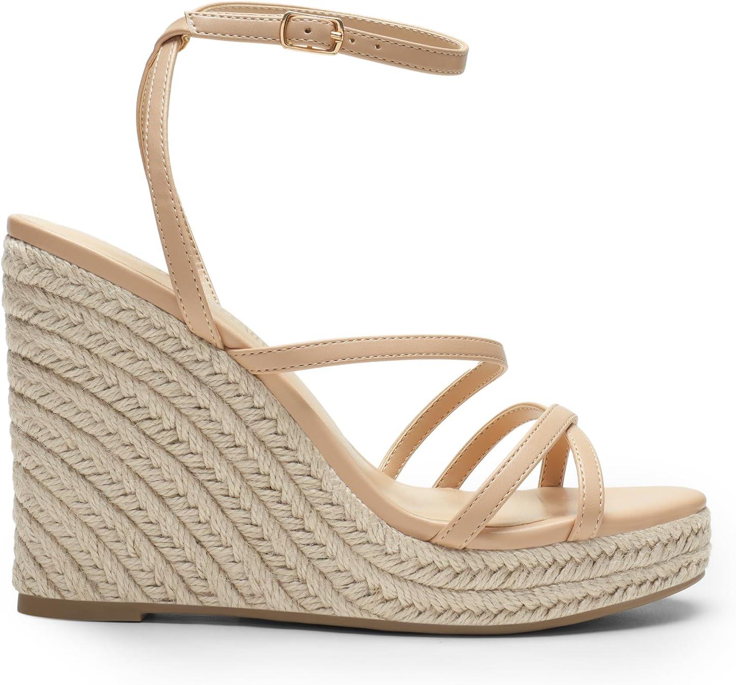 imageDREAM PAIRS Strappy Espadrille Platform Wedge Sandals for Women Dressy Summer Comfortable Open Toe Sandals with Cushioned Insole and Ankle Strap BuckleNude