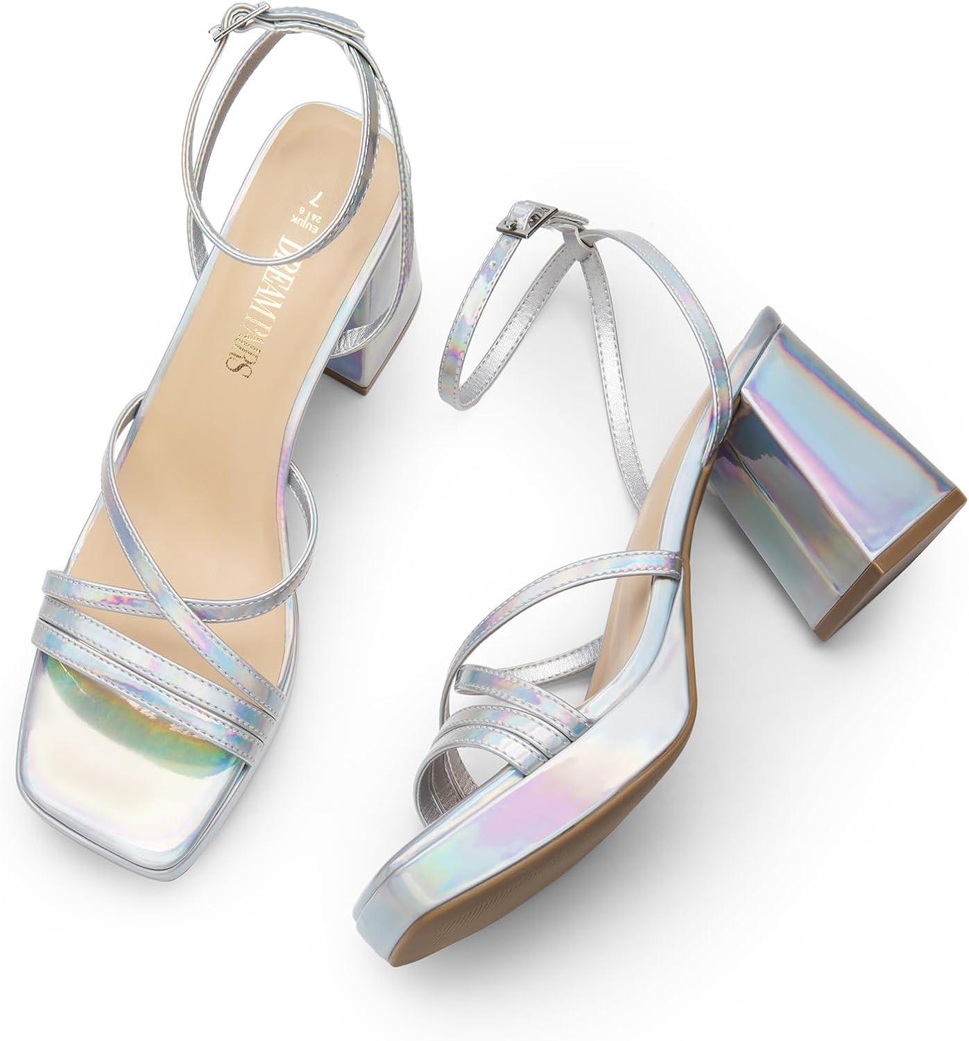 imageDREAM PAIRS Strappy Heels for Women Platform Chunky High 3inch Heeled Sandals with Square Open Toe Ankle Buckle for Graduation Party Prom Daily WeddingSilverpu