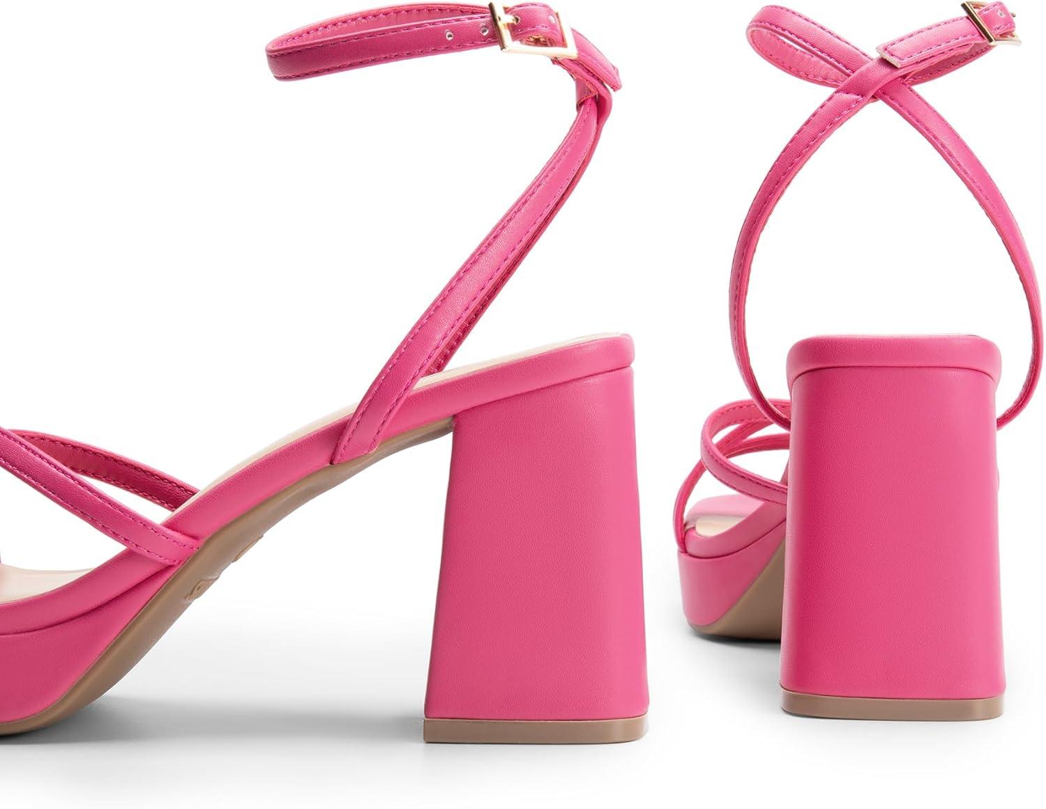 imageDREAM PAIRS Strappy Heels for Women Platform Chunky High 3inch Heeled Sandals with Square Open Toe Ankle Buckle for Graduation Party Prom Daily WeddingHot Pinkpu