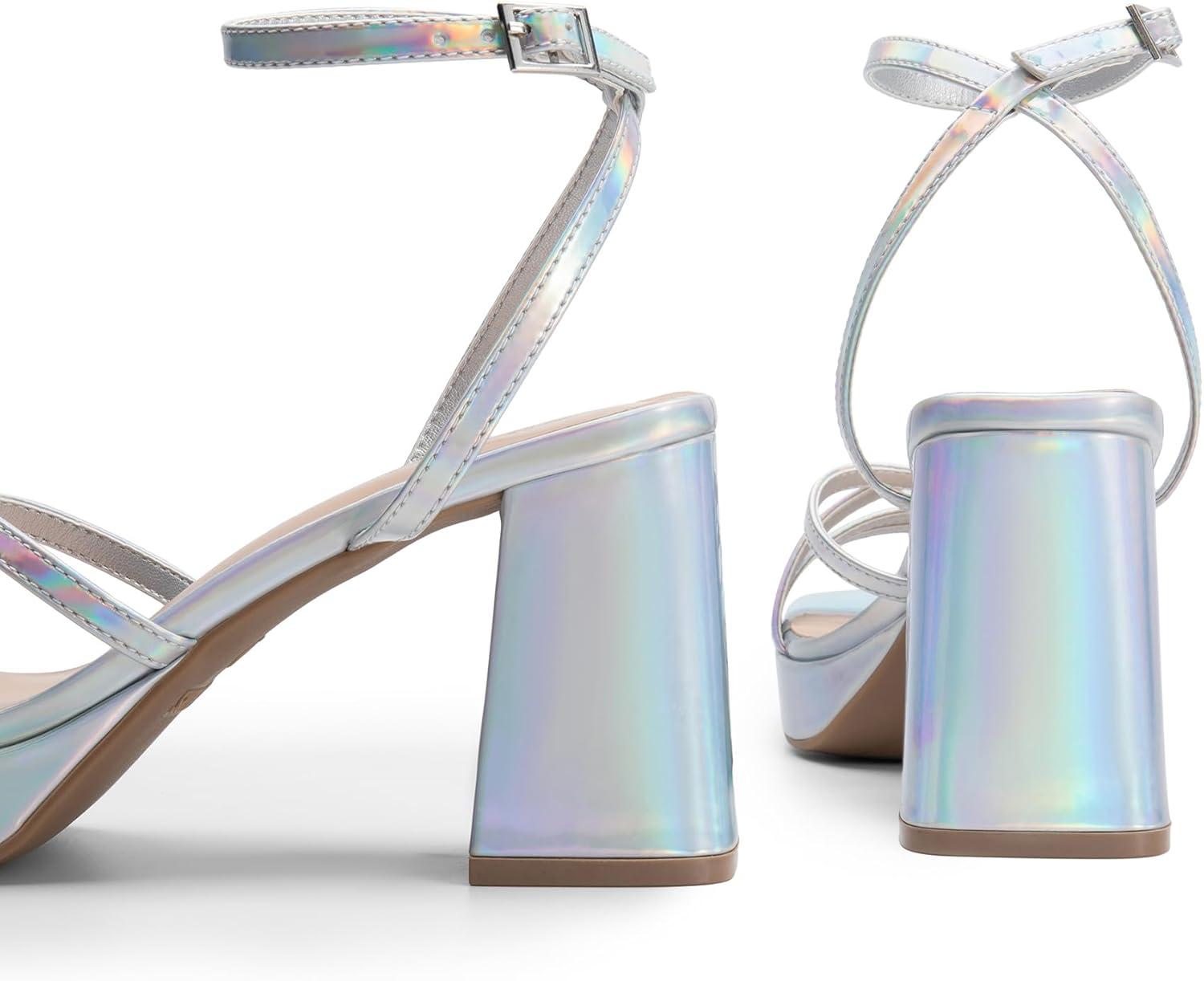 imageDREAM PAIRS Strappy Heels for Women Platform Chunky High 3inch Heeled Sandals with Square Open Toe Ankle Buckle for Graduation Party Prom Daily WeddingSilverpu