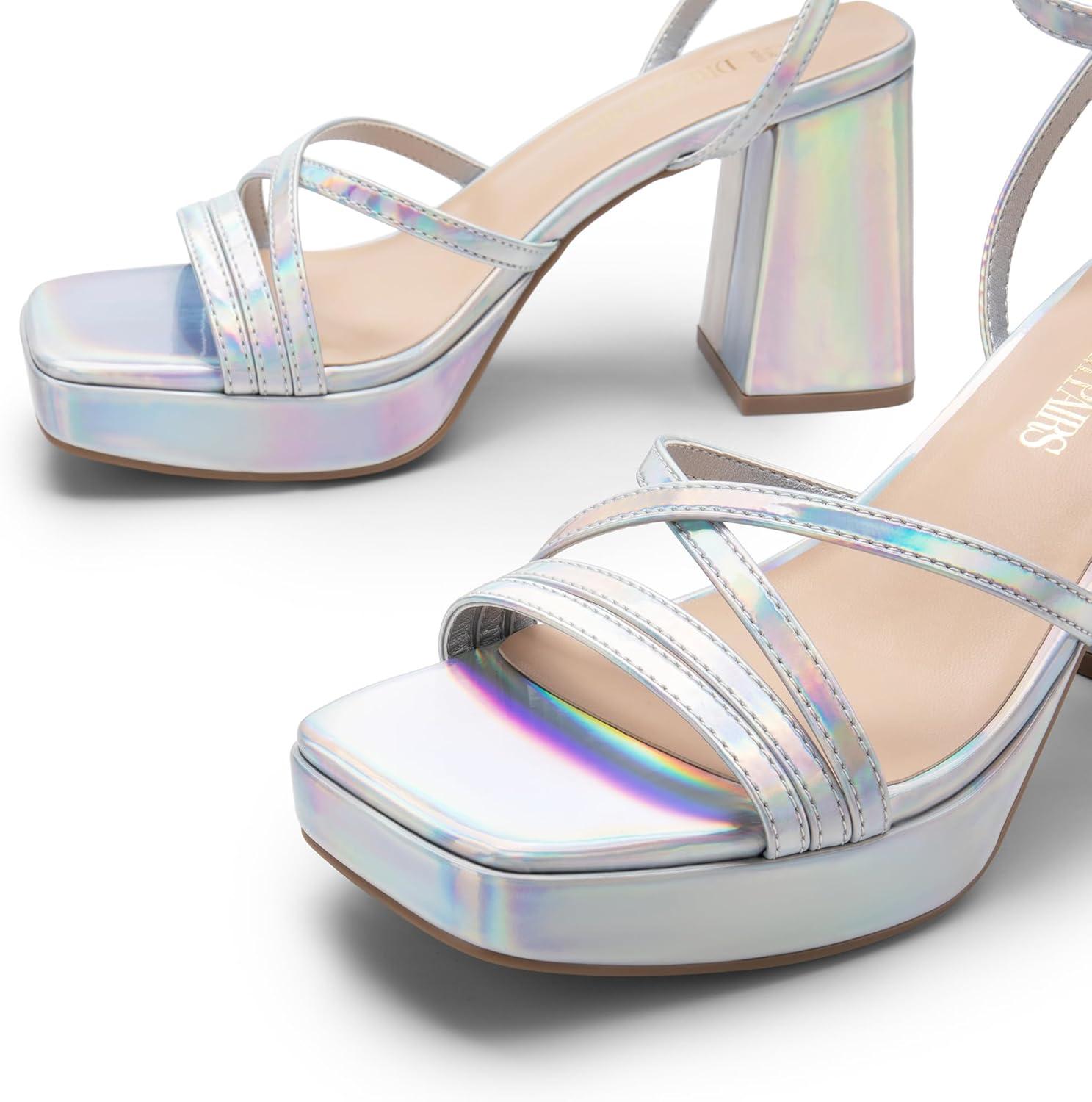 imageDREAM PAIRS Strappy Heels for Women Platform Chunky High 3inch Heeled Sandals with Square Open Toe Ankle Buckle for Graduation Party Prom Daily WeddingSilverpu