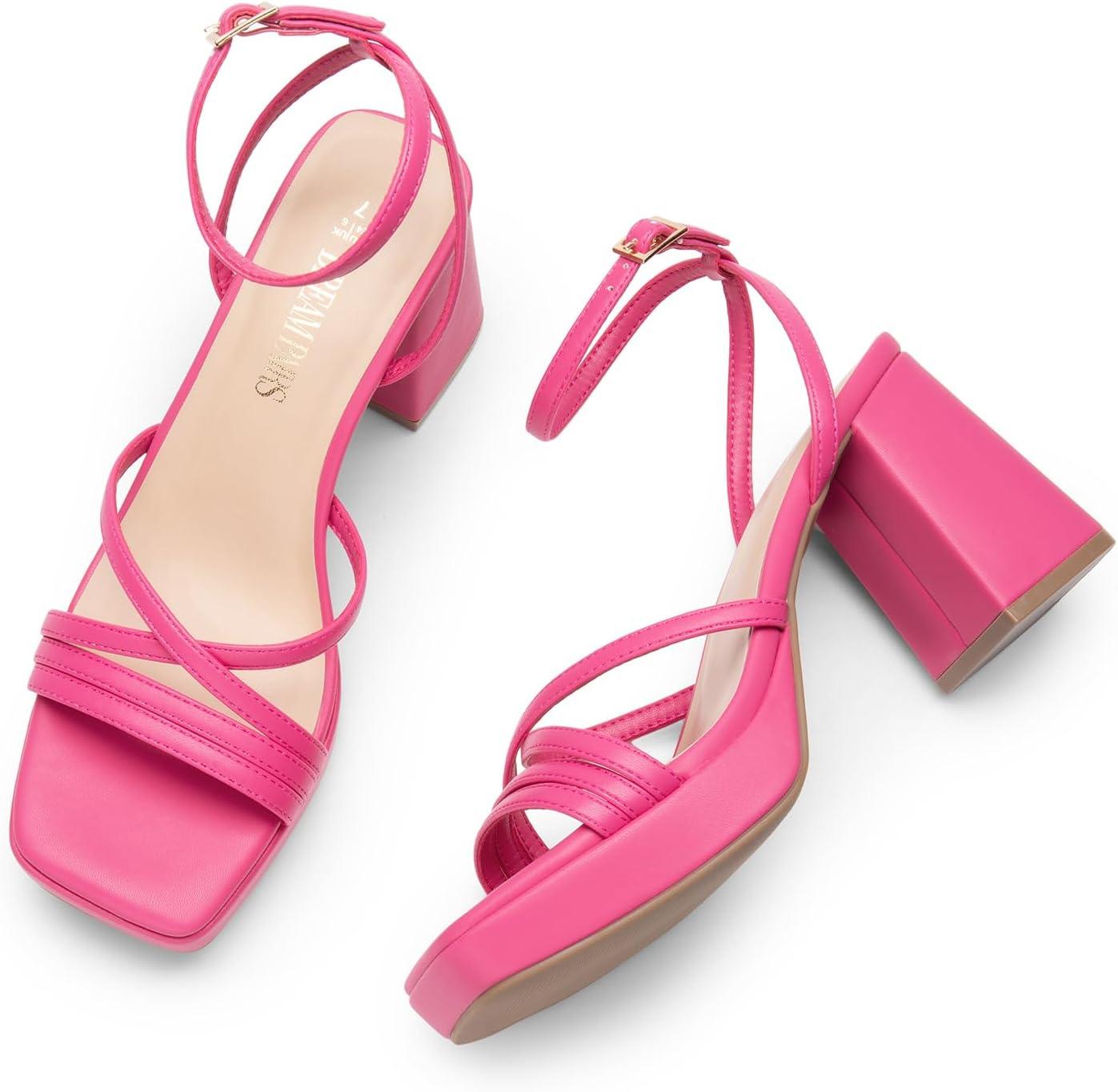 imageDREAM PAIRS Strappy Heels for Women Platform Chunky High 3inch Heeled Sandals with Square Open Toe Ankle Buckle for Graduation Party Prom Daily WeddingHot Pinkpu