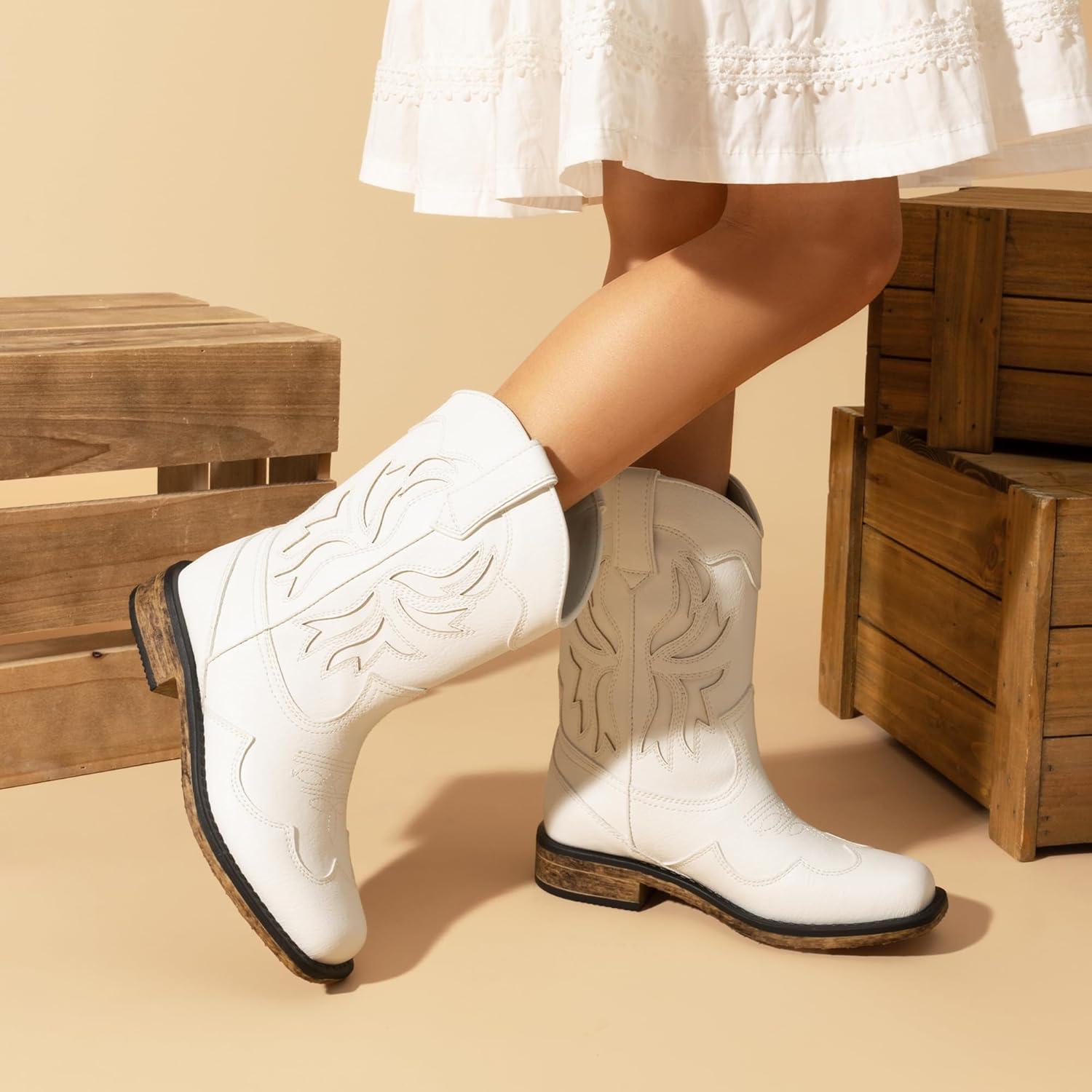 imageDREAM PAIRS Toddler Cowboy Boots Cowgirl Boots for Girls Square Toe Mid Calf Boys Western Fashion Riding Shoes for ToddlerLittle KidBig KidWhite