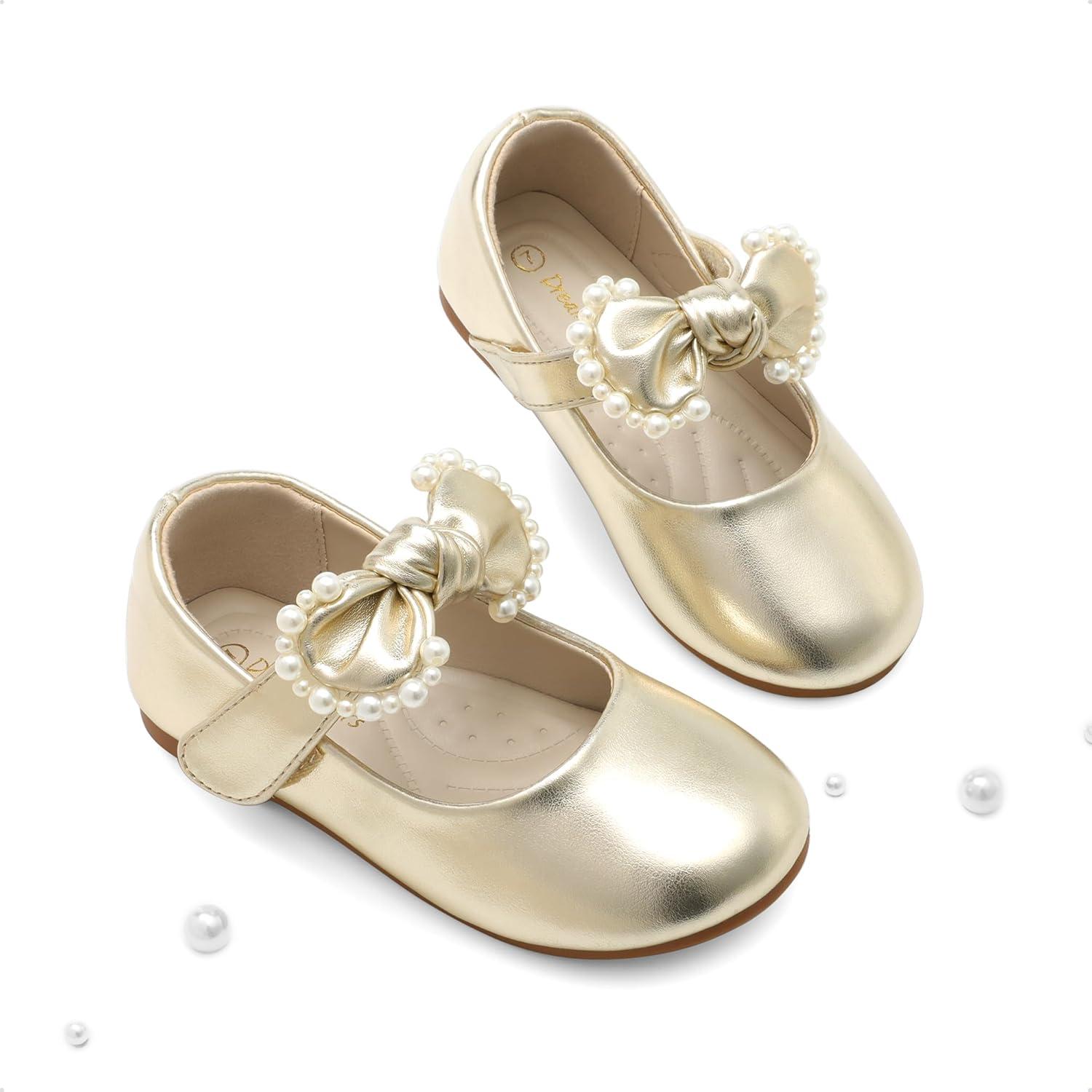 imageDREAM PAIRS Toddler Flower Girl Dress Shoes Little Girls Mary Janes Ballet Flats Ballerina Shoes Wedding PartyGold