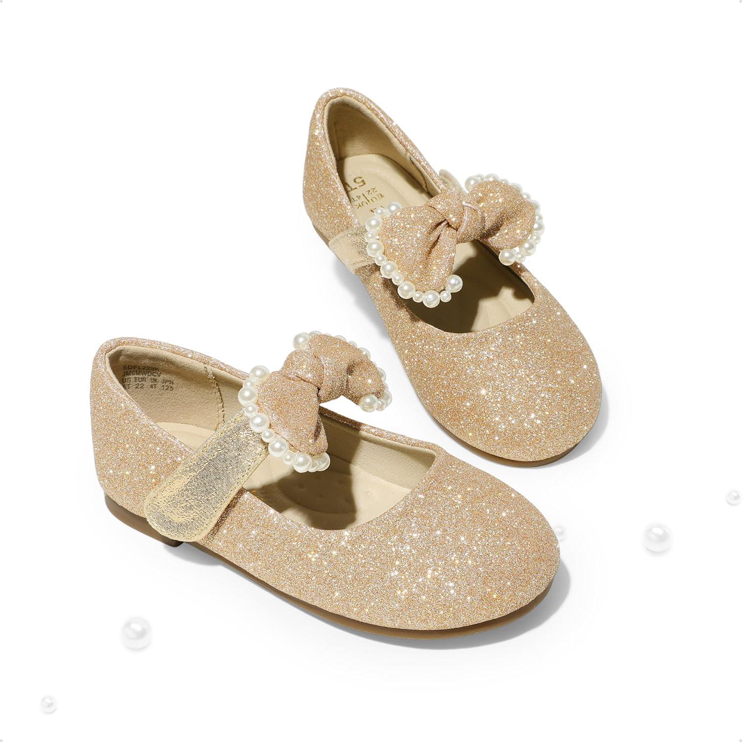 imageDREAM PAIRS Toddler Flower Girl Dress Shoes Little Girls Mary Janes Ballet Flats Ballerina Shoes Wedding PartyGoldGlitter