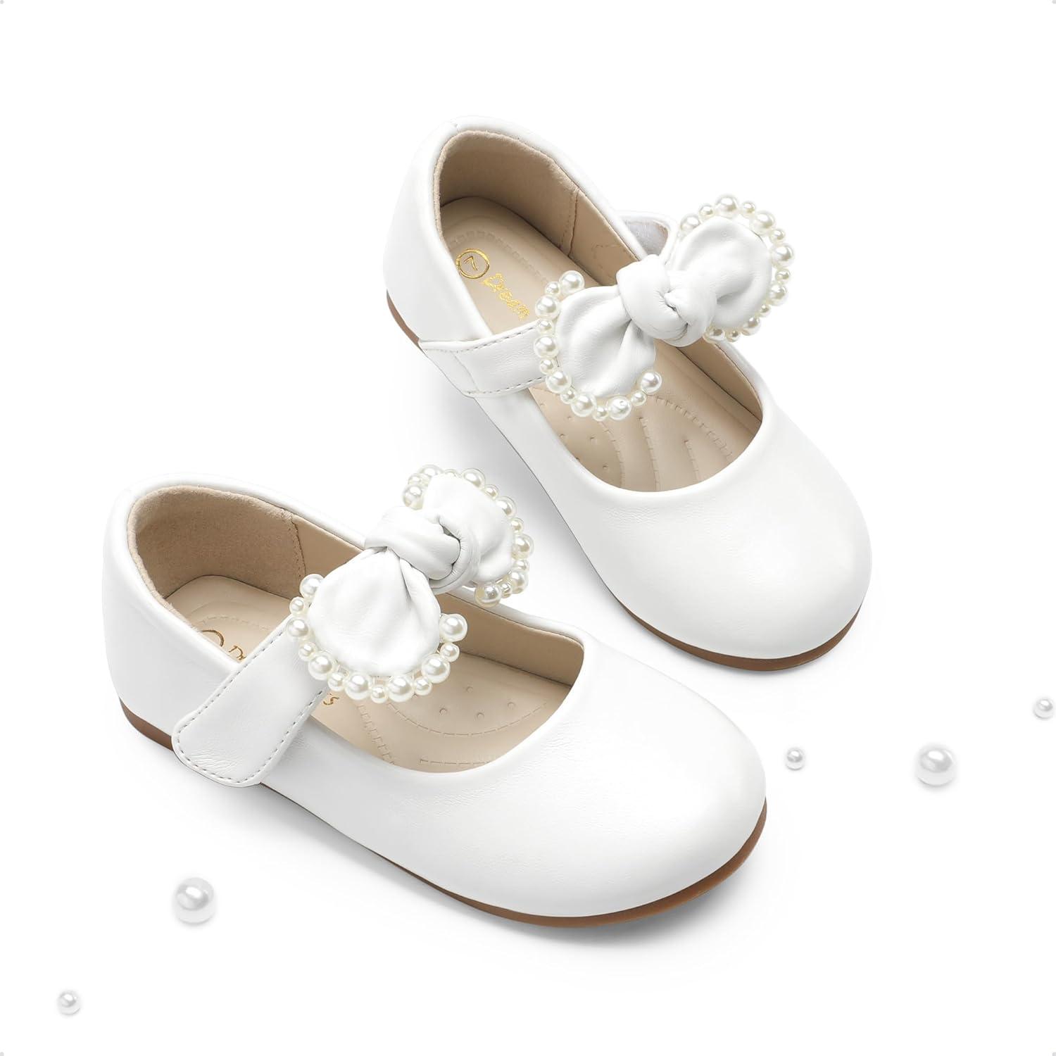 imageDREAM PAIRS Toddler Flower Girl Dress Shoes Little Girls Mary Janes Ballet Flats Ballerina Shoes Wedding PartyWhitePu