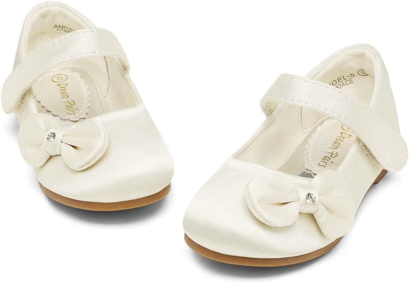 imageDREAM PAIRS Toddler Girls Dress Shoes Mary Jane Flats Girls School Uniform Flats Bow Ballerina ShoesIvorySatin