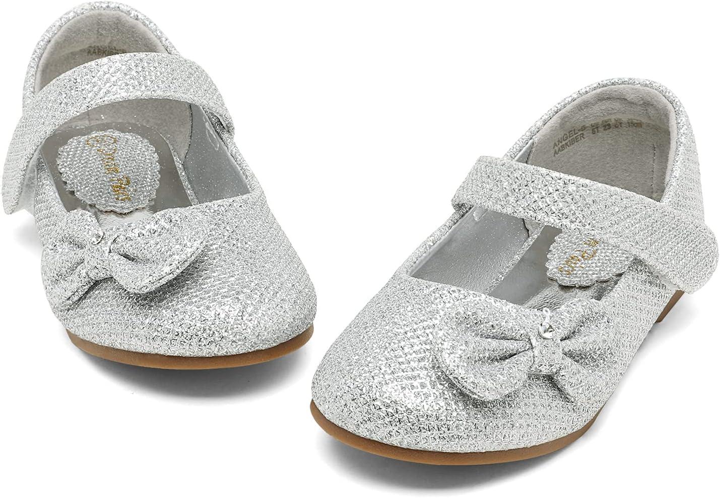imageDREAM PAIRS Toddler Girls Dress Shoes Mary Jane Flats Girls School Uniform Flats Bow Ballerina ShoesSilverGlitter