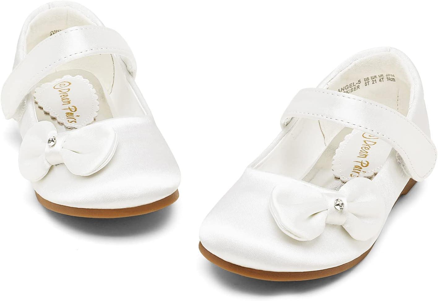 imageDREAM PAIRS Toddler Girls Dress Shoes Mary Jane Flats Girls School Uniform Flats Bow Ballerina ShoesWhiteSatin