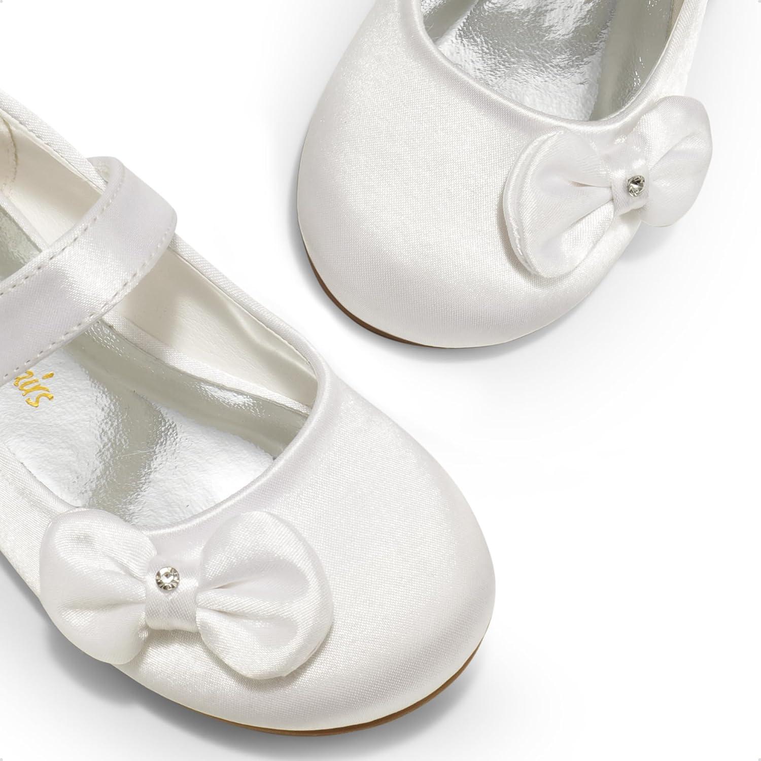 imageDREAM PAIRS Toddler Girls Dress Shoes Mary Jane Flats Girls School Uniform Flats Bow Ballerina ShoesWhiteSatin