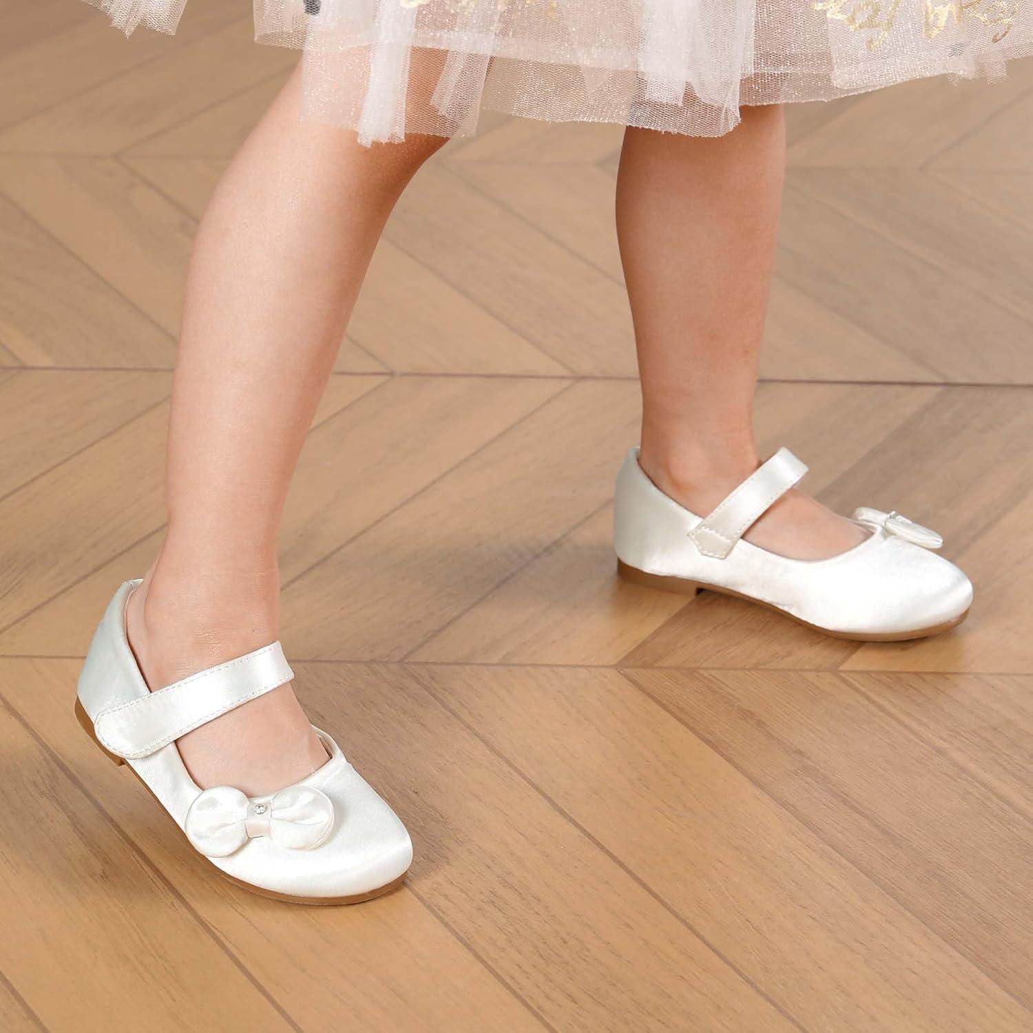 imageDREAM PAIRS Toddler Girls Dress Shoes Mary Jane Flats Girls School Uniform Flats Bow Ballerina ShoesWhiteSatin