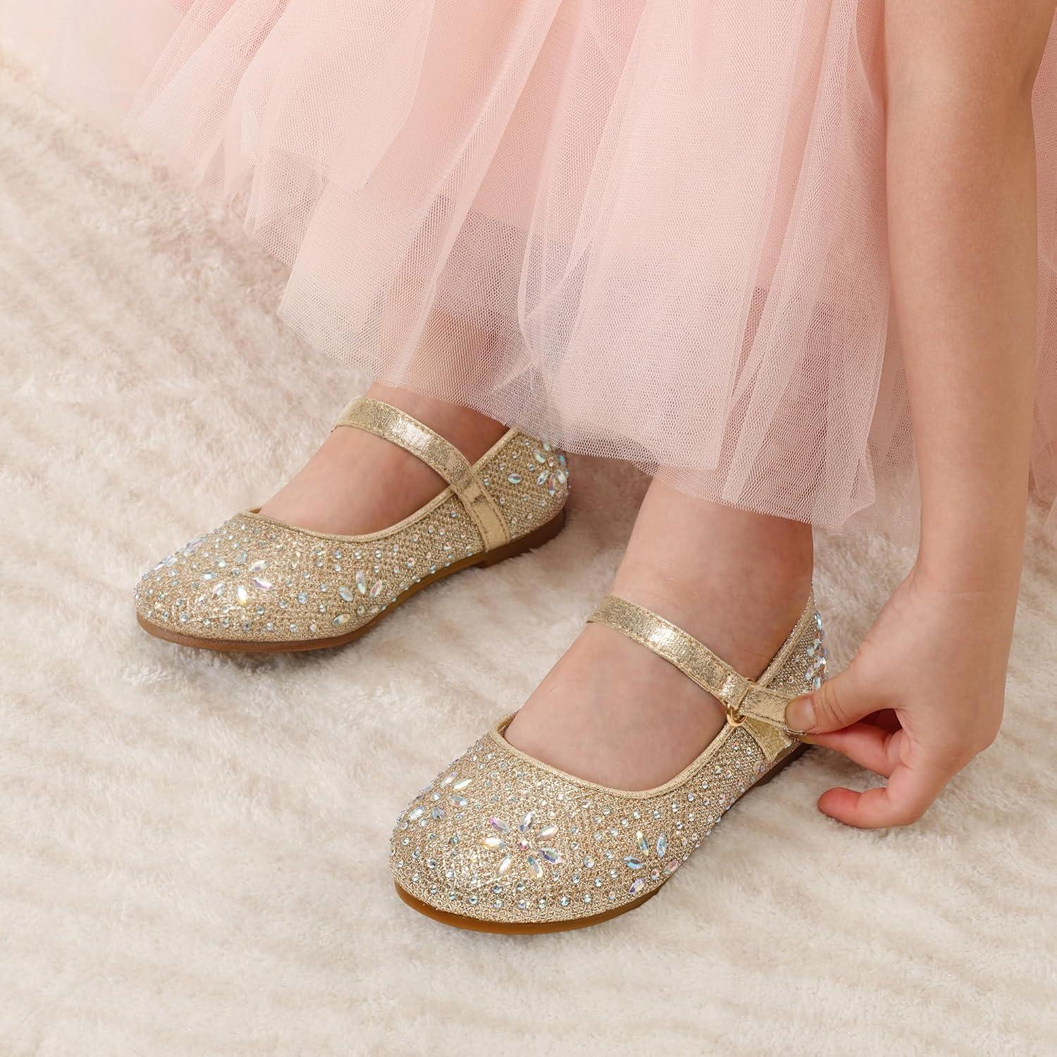 imageDREAM PAIRS Toddler Girls Dress Shoes Mary Jane Rhinestone Ballerina Flat for Party Birthday Performance WeddingGold
