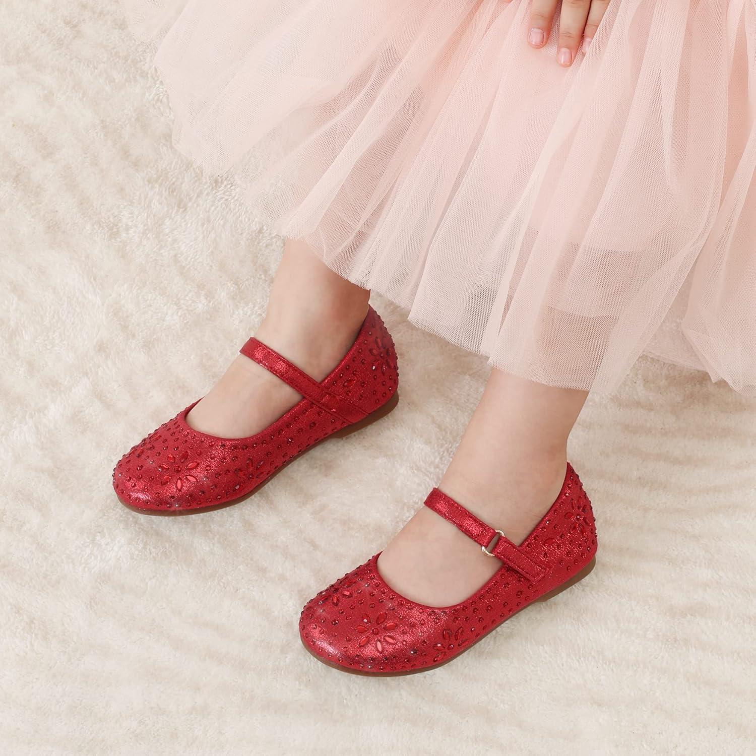 imageDREAM PAIRS Toddler Girls Dress Shoes Mary Jane Rhinestone Ballerina Flat for Party Birthday Performance WeddingRed