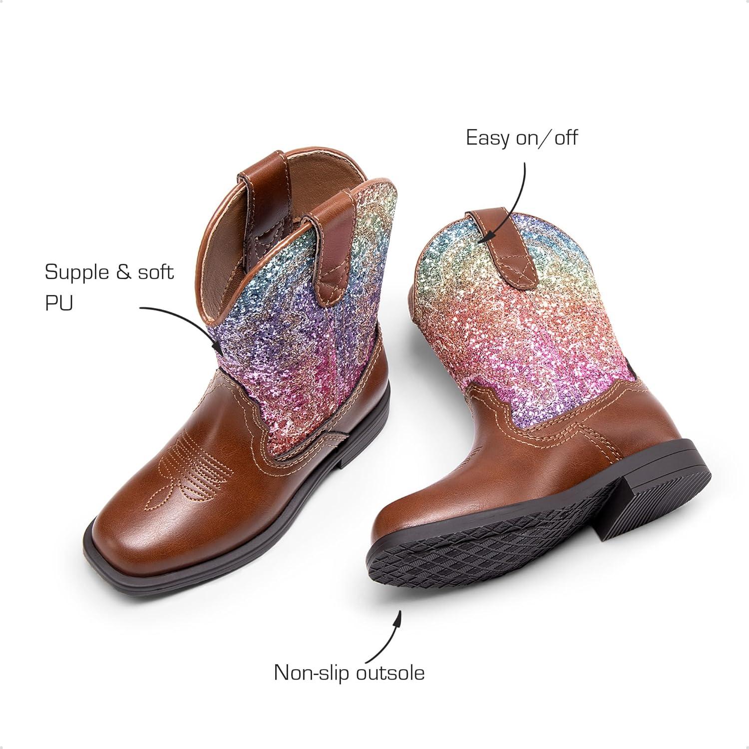 imageDREAM PAIRS Toddler Little Boys Girls Cowboy Boots Kids Western Square Toe Riding Mid Calf BootsBrownMulti