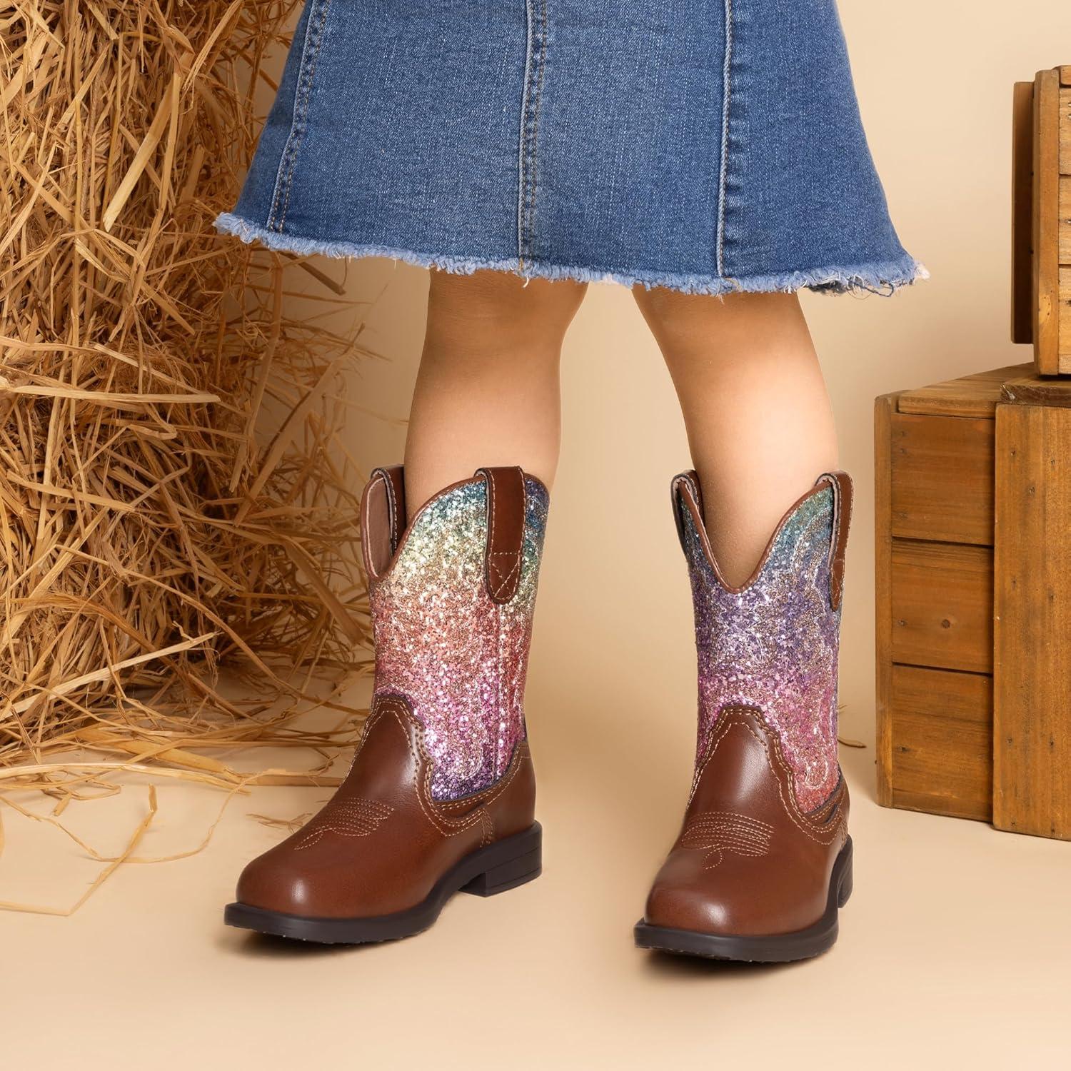 imageDREAM PAIRS Toddler Little Boys Girls Cowboy Boots Kids Western Square Toe Riding Mid Calf BootsBrownMulti