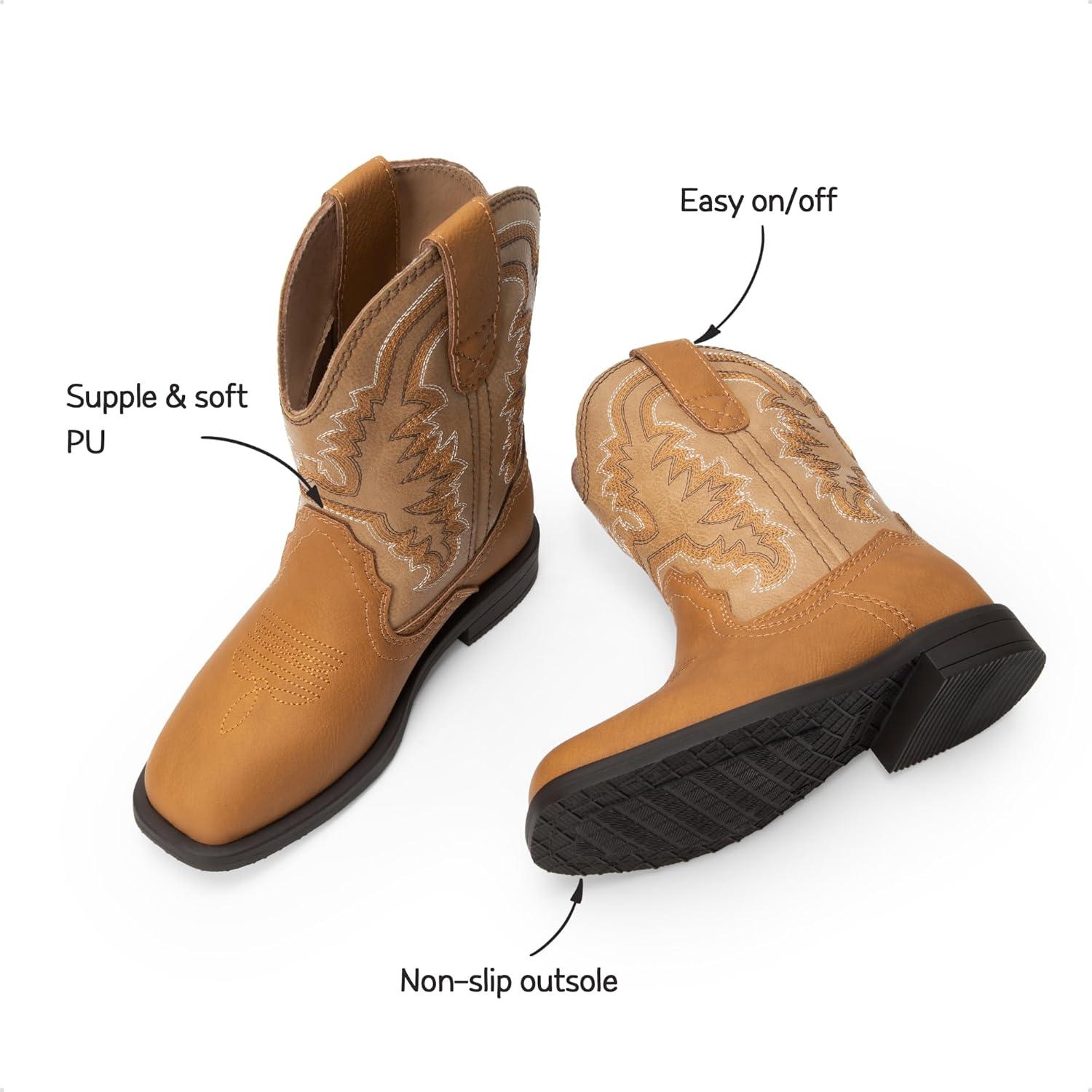 imageDREAM PAIRS Toddler Little Boys Girls Cowboy Boots Kids Western Square Toe Riding Mid Calf BootsCamelLight Brown