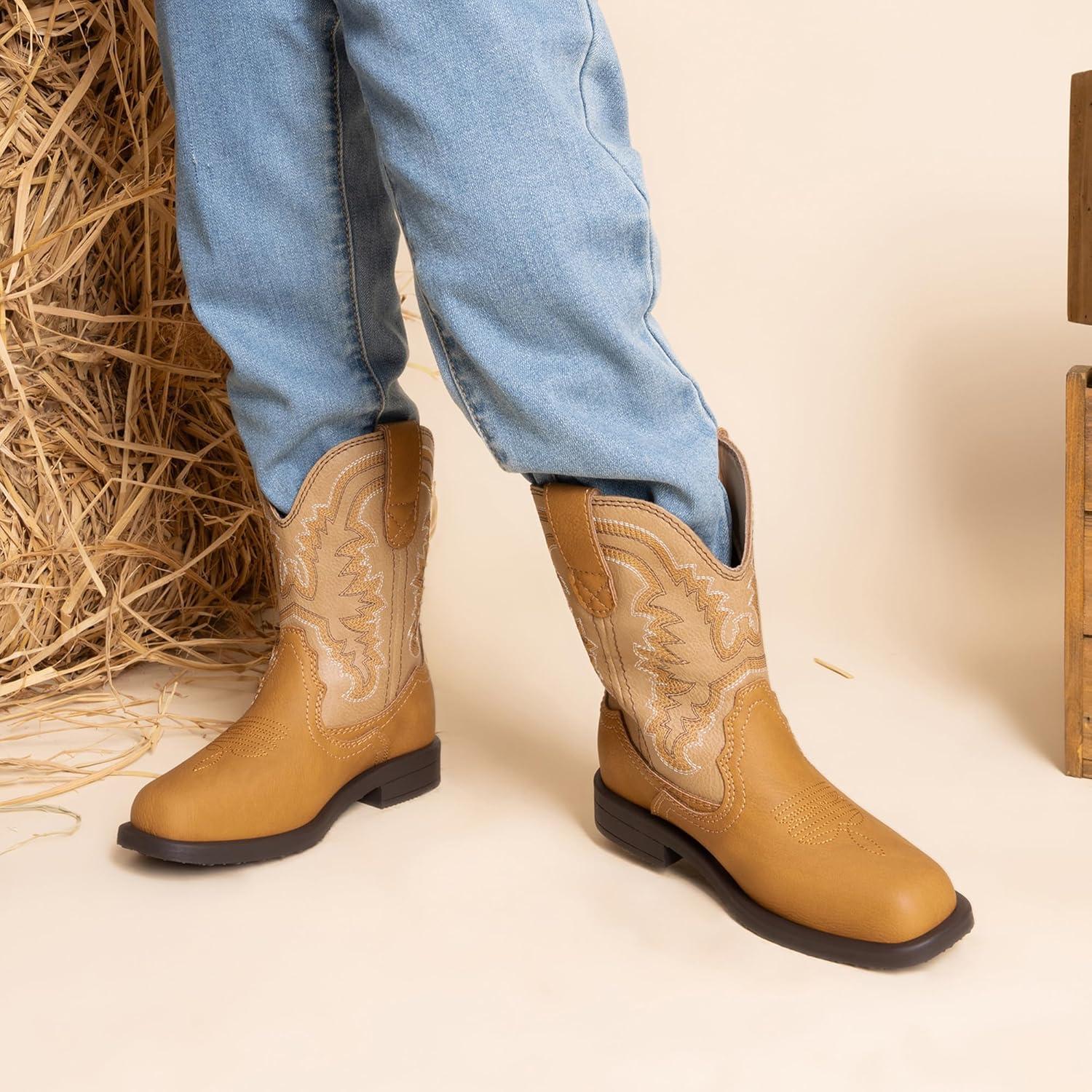 imageDREAM PAIRS Toddler Little Boys Girls Cowboy Boots Kids Western Square Toe Riding Mid Calf BootsCamelLight Brown