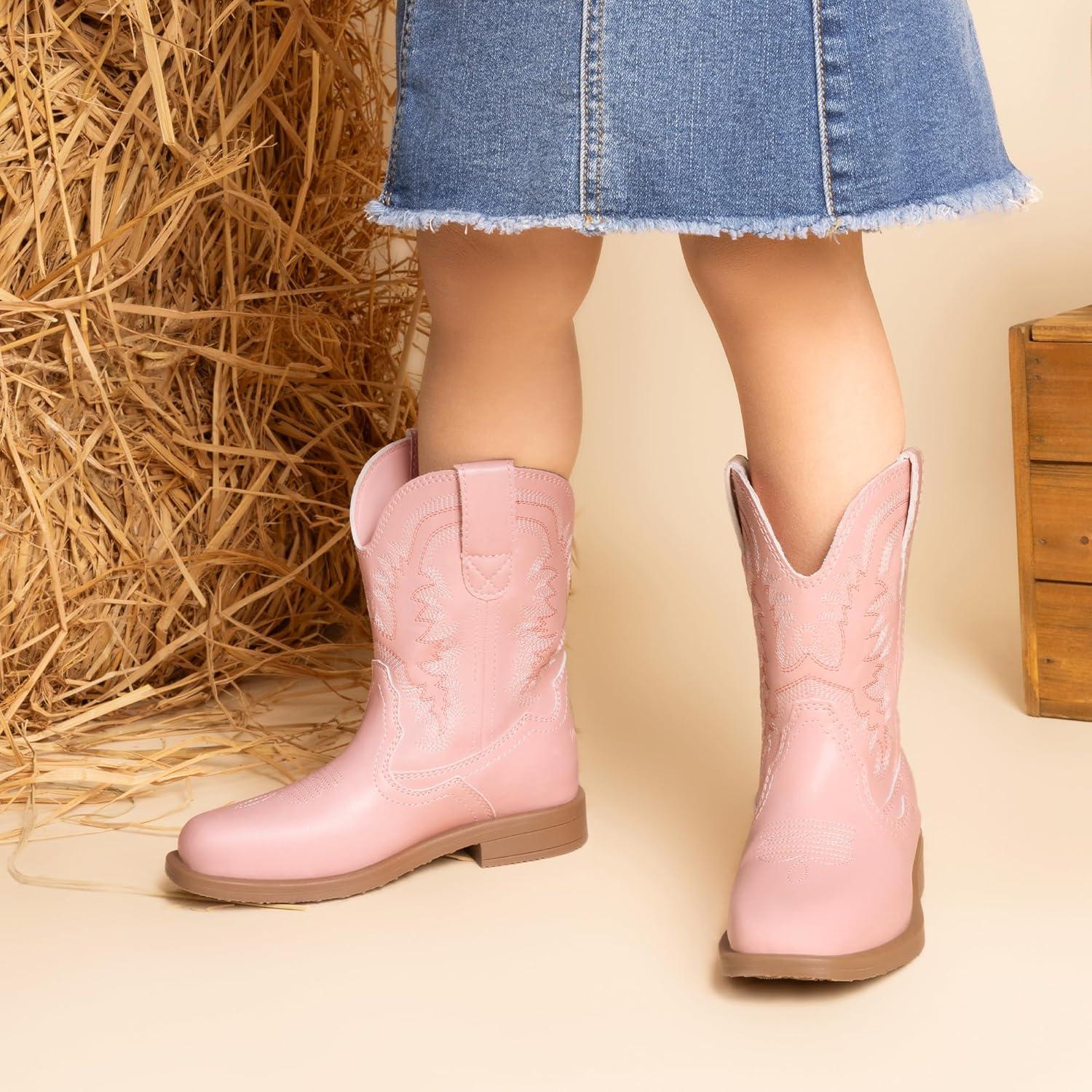 imageDREAM PAIRS Toddler Little Boys Girls Cowboy Boots Kids Western Square Toe Riding Mid Calf BootsPink