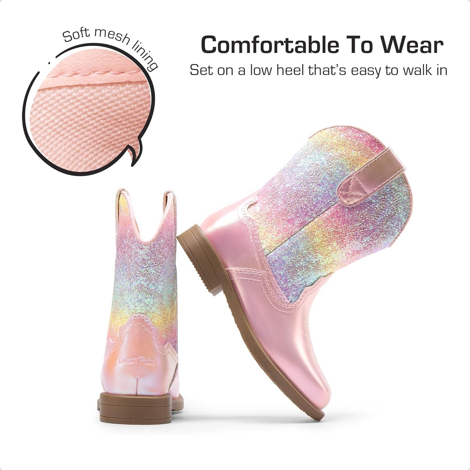 imageDREAM PAIRS Toddler Little Boys Girls Cowboy Boots Kids Western Square Toe Riding Mid Calf BootsPinkRainbow