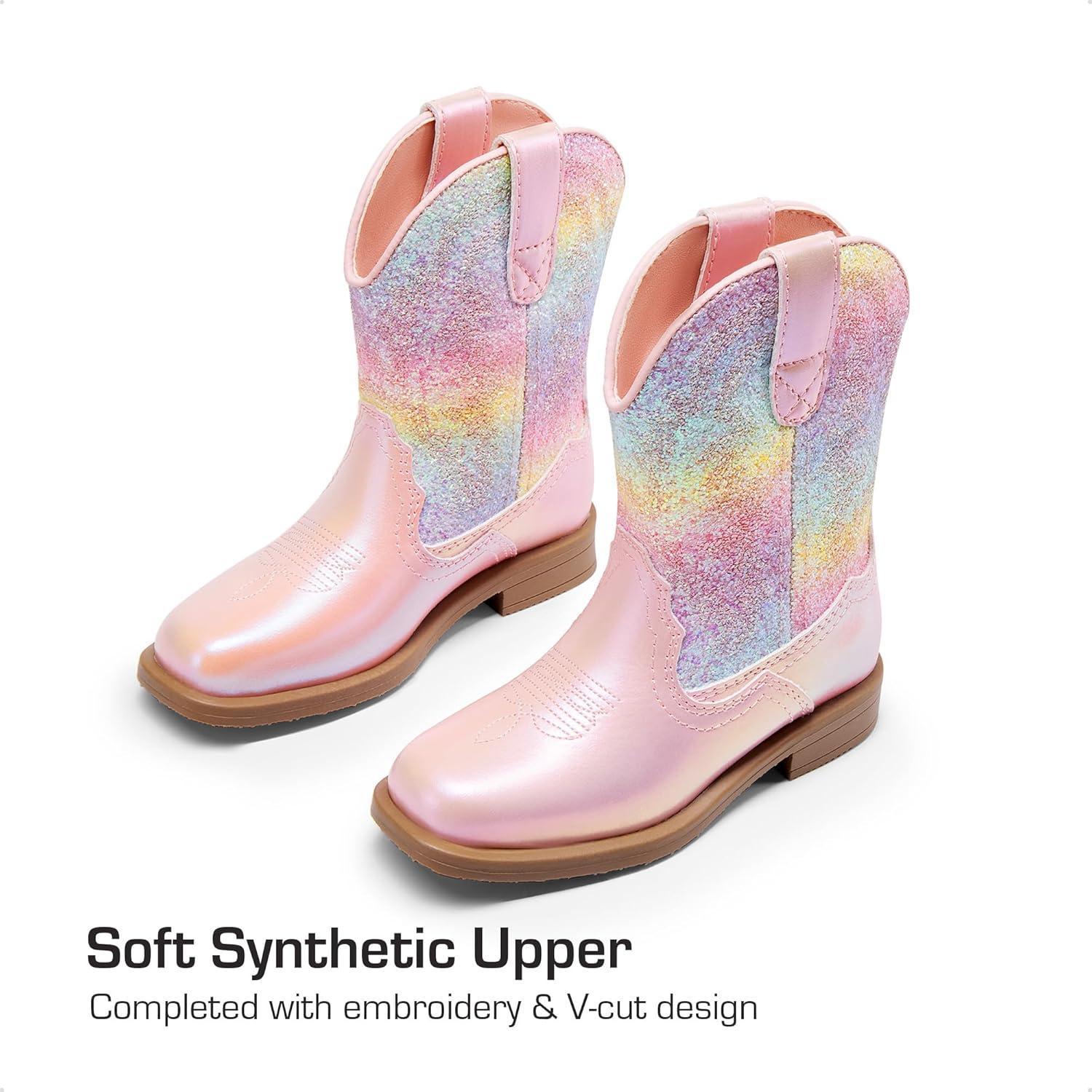 imageDREAM PAIRS Toddler Little Boys Girls Cowboy Boots Kids Western Square Toe Riding Mid Calf BootsPinkRainbow