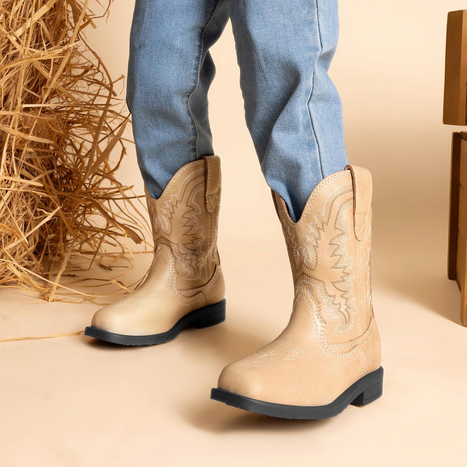 imageDREAM PAIRS Toddler Little Boys Girls Cowboy Boots Kids Western Square Toe Riding Mid Calf BootsSand