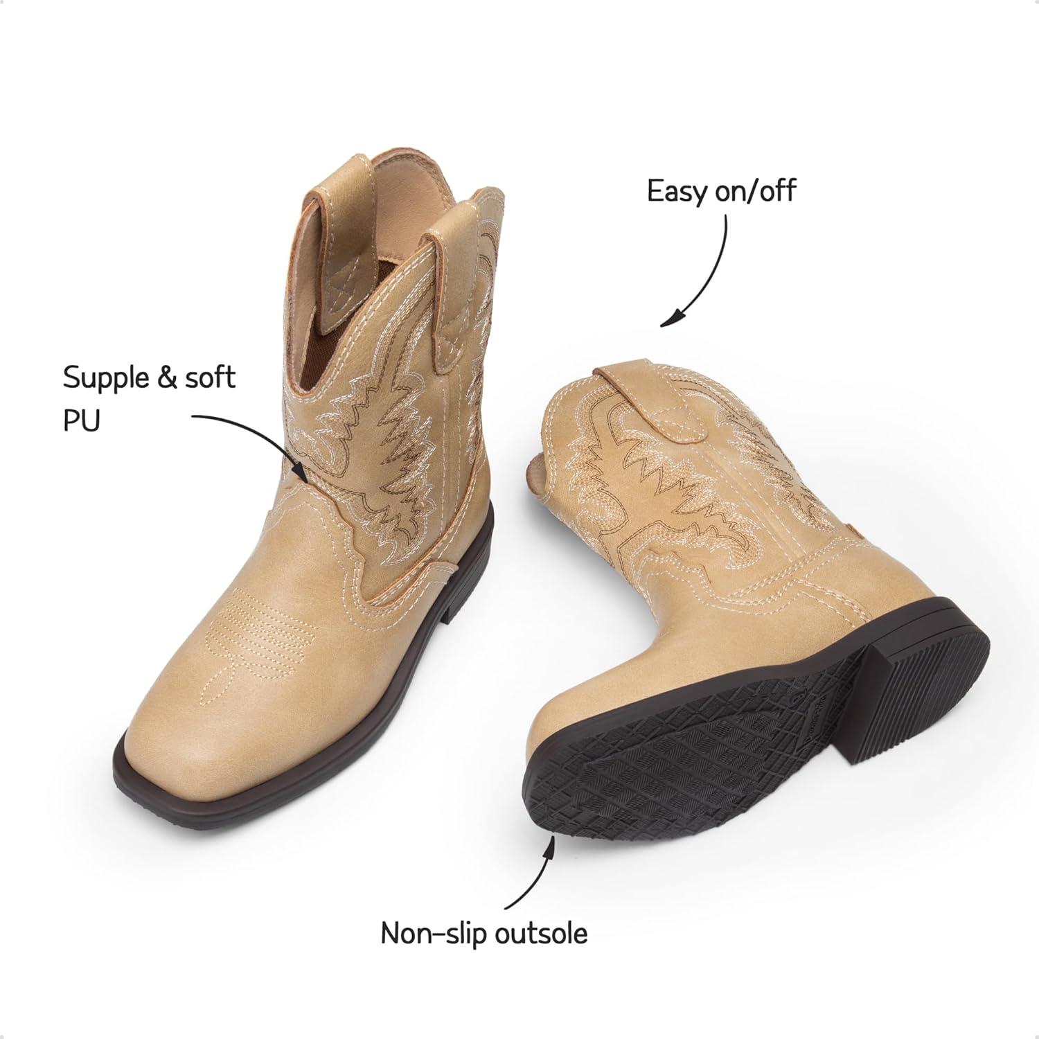 imageDREAM PAIRS Toddler Little Boys Girls Cowboy Boots Kids Western Square Toe Riding Mid Calf BootsSand