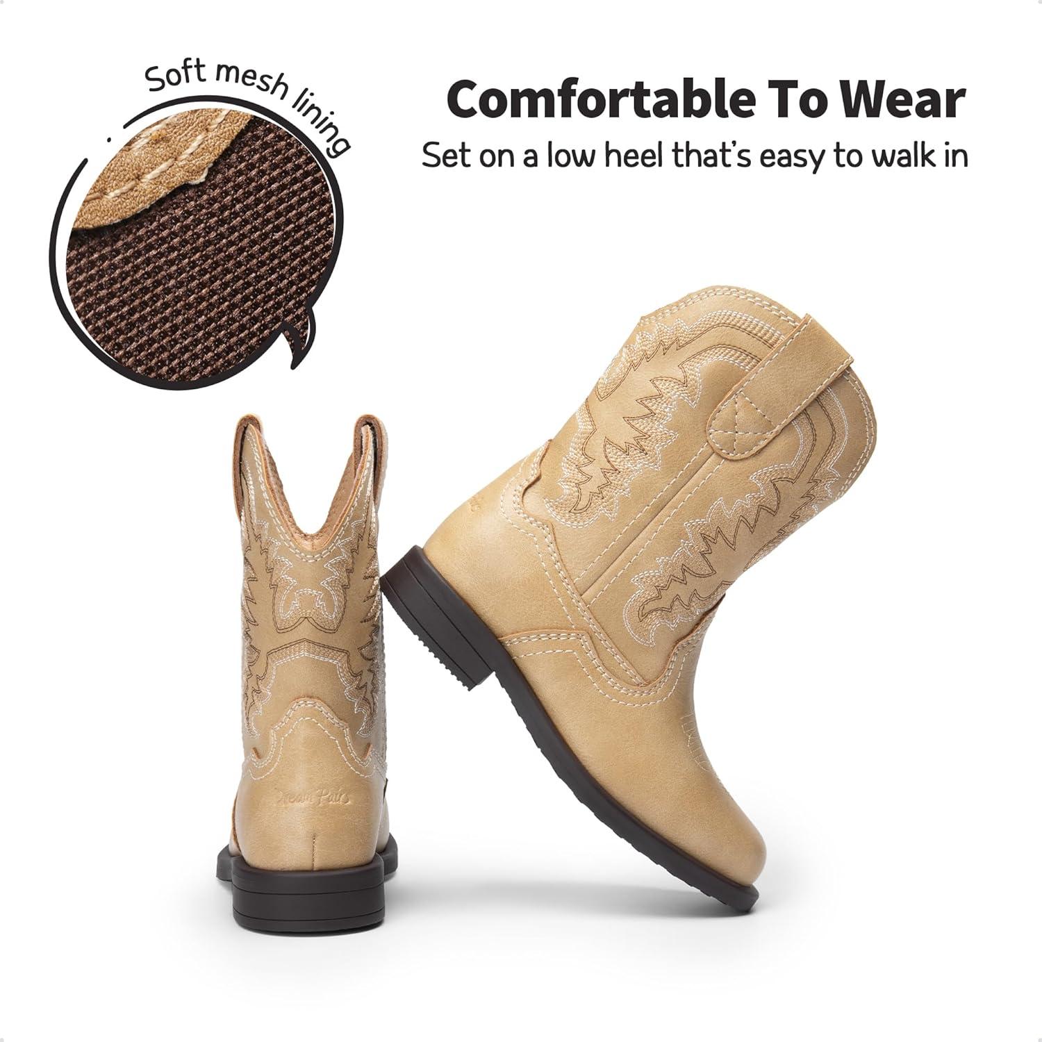 imageDREAM PAIRS Toddler Little Boys Girls Cowboy Boots Kids Western Square Toe Riding Mid Calf BootsSand