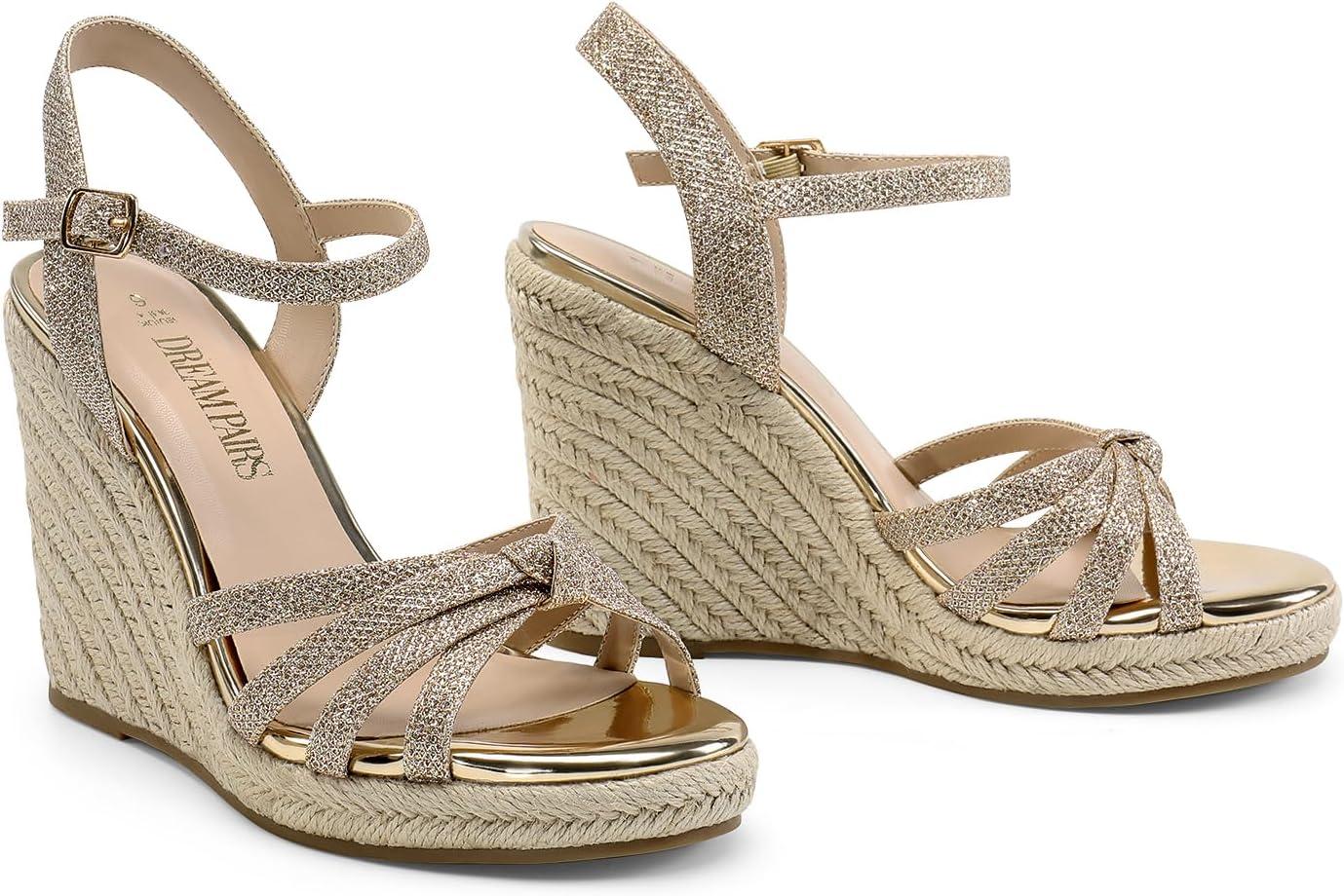 imageDREAM PAIRS Wedge Sandals for Women Dressy Summer Platform Espadrille Strappy Casual Braided Heels Comfortable with Open Toe and Ankle StrapGoldglitter
